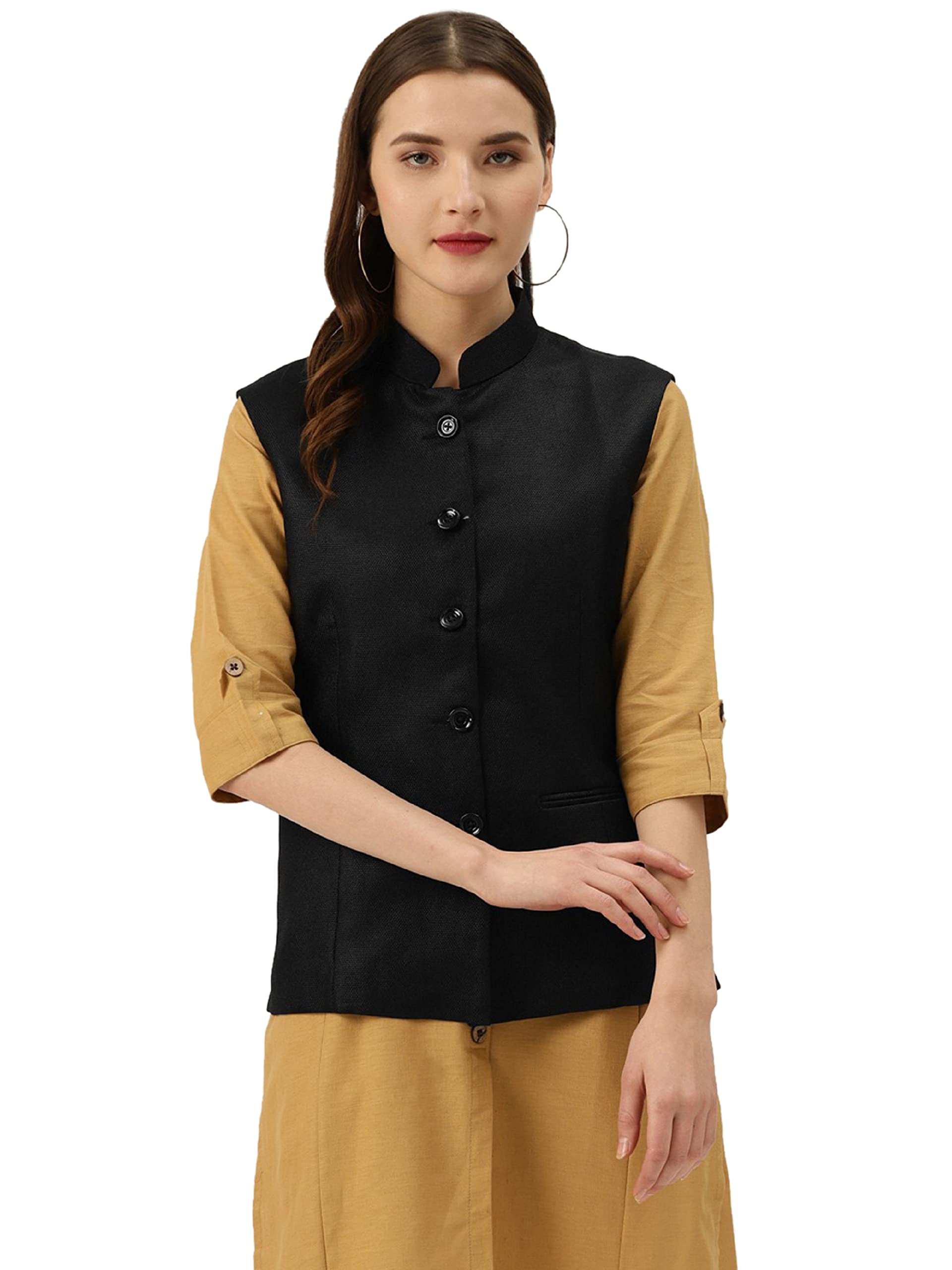 Solid Indian Traditional Ethnic Waistcoat Festive Woolen Nehru Jacket for Women-image-3