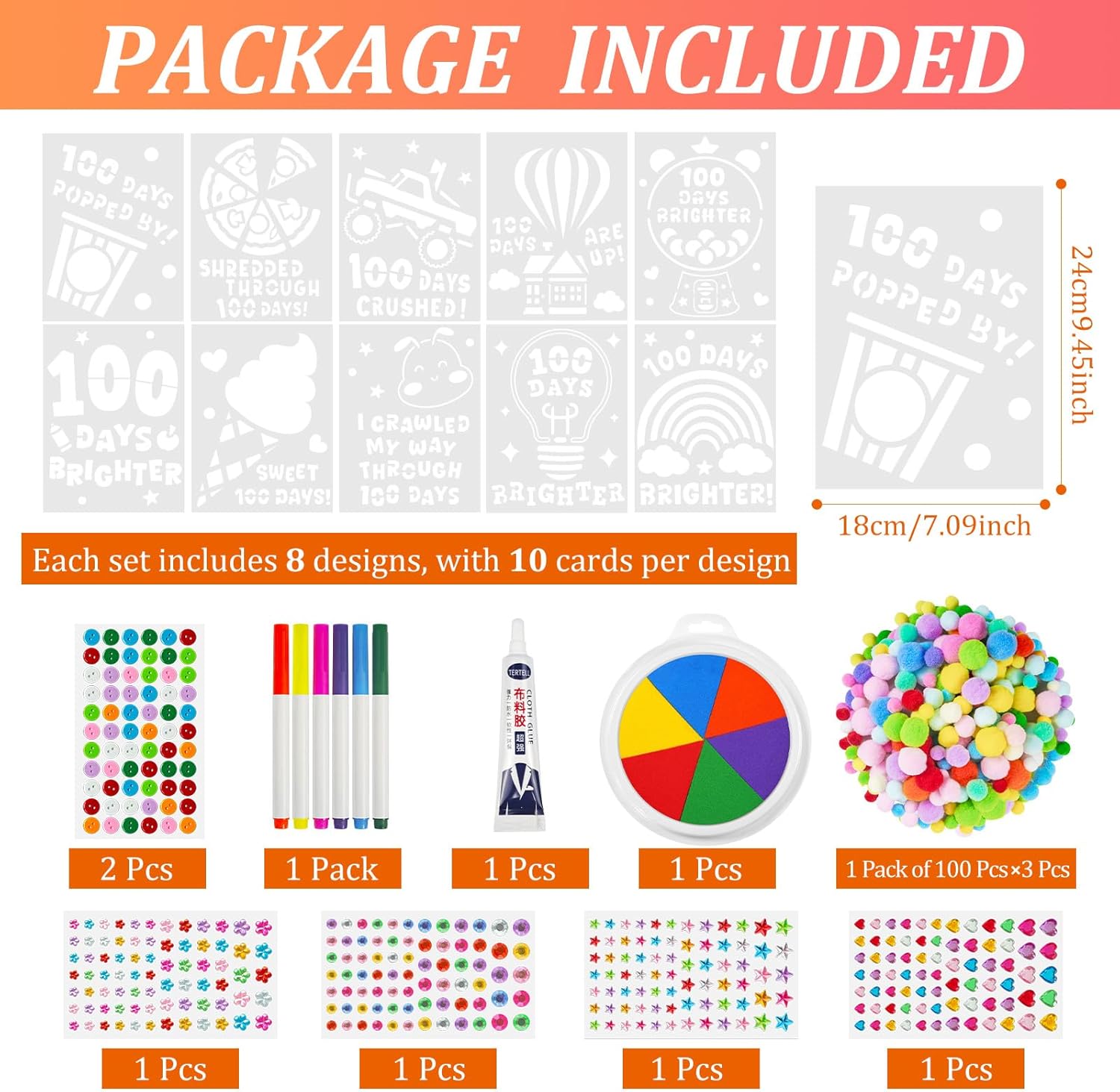 Cinrobiye 10 Set DIY 100th Day of School Drawing Stencils for Kids Plastic Drawing Painting Craft kit with Pompoms Gem Stickers Buttons for School Party DIY 100 Days of School Clothing T Shirt Bag