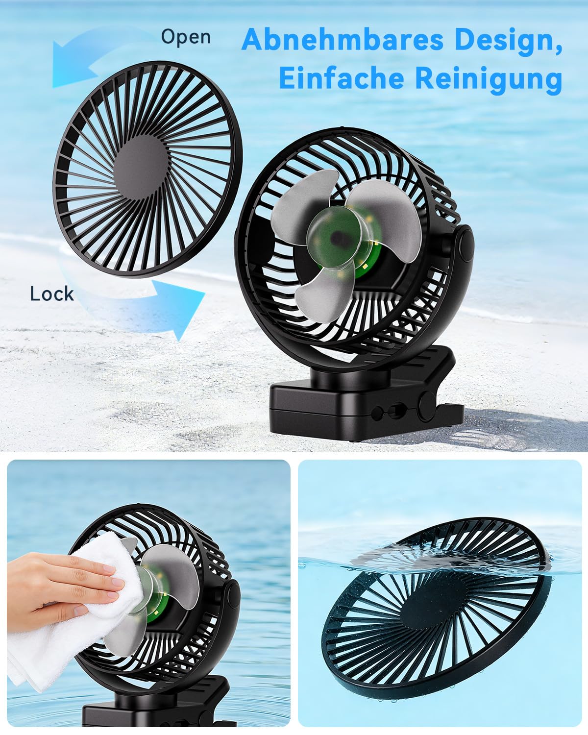 USB Tischventilator Leise mit 12000mAh Akku, Clip Camping Ventilator mit Fernbedienung, Mini Akku Ventilator mit Licht & Timer, 360° Drehbar, 3 Windstufen, Max 44Std Laufzeit für Camping