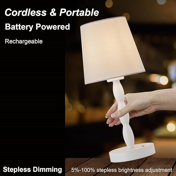 CASTLELIFE CASTLELIFE Portable Cordless Table Lamp,Touch Desk Lamp Rechargeable Battery Powered, 3-Level Brightness Stepless Dimmable Bedside Night Lamp,for Bedroom/Restaurant/Bars/Outdoor, Bulb Included, White photo 3