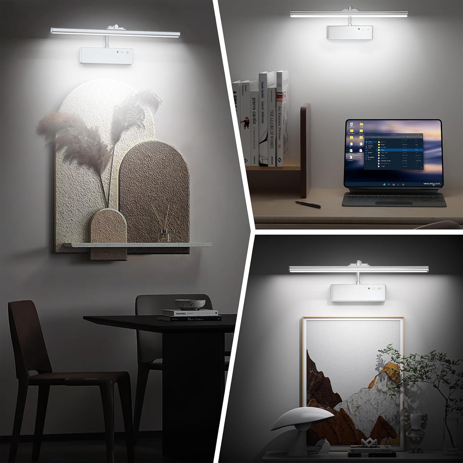 Picture Light, 15.35inch Wireless Picture Lights for Wall Rechargeable, Battery Lights for Pictures on Wall, 3 Color Art Lighting for Paintings with Timer and Dimmable Artwork Display (Silver-2PCS)