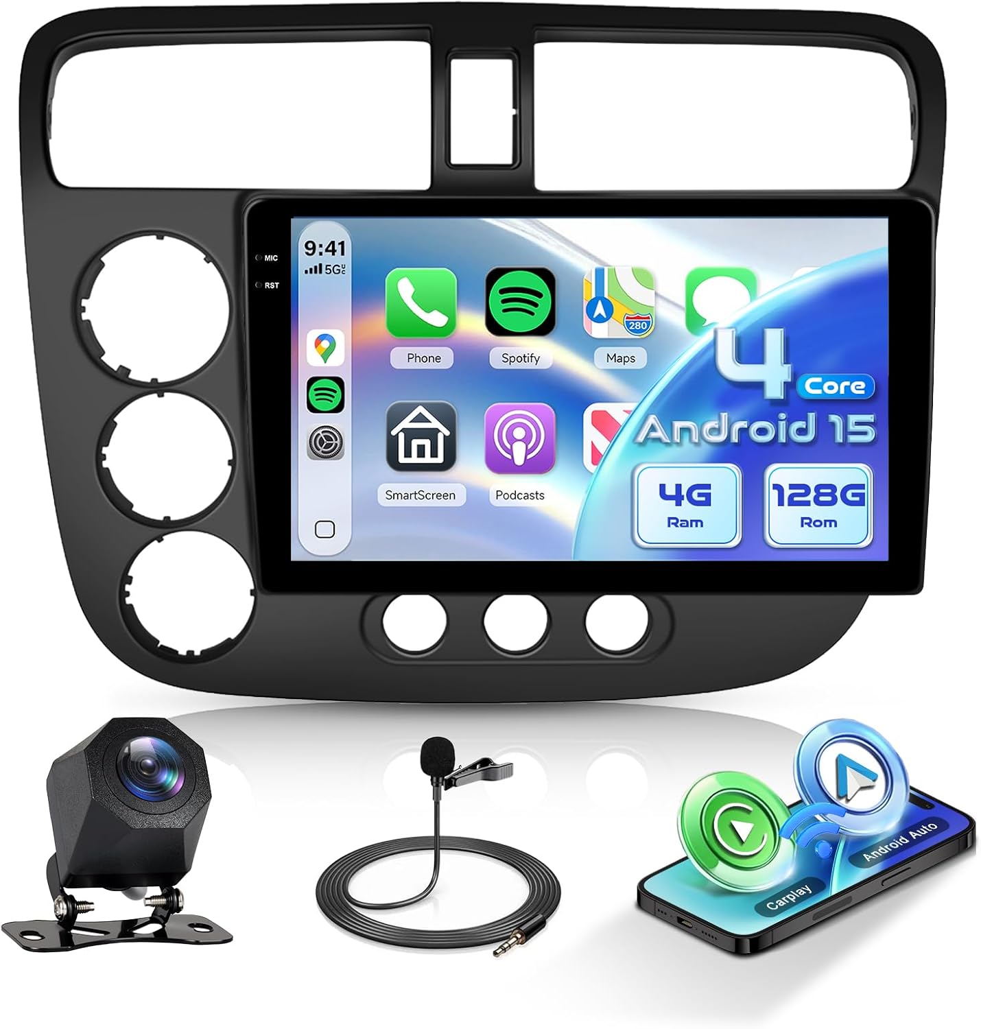 4G+128G Android Car Stereo for Honda Civic 2001-2005, Wireless CarPlay Android Auto, 5G-WiFi GPS, 9 inch Incell Touch Screen, Bluetooth FM RDS SWC AHD Backup Camera