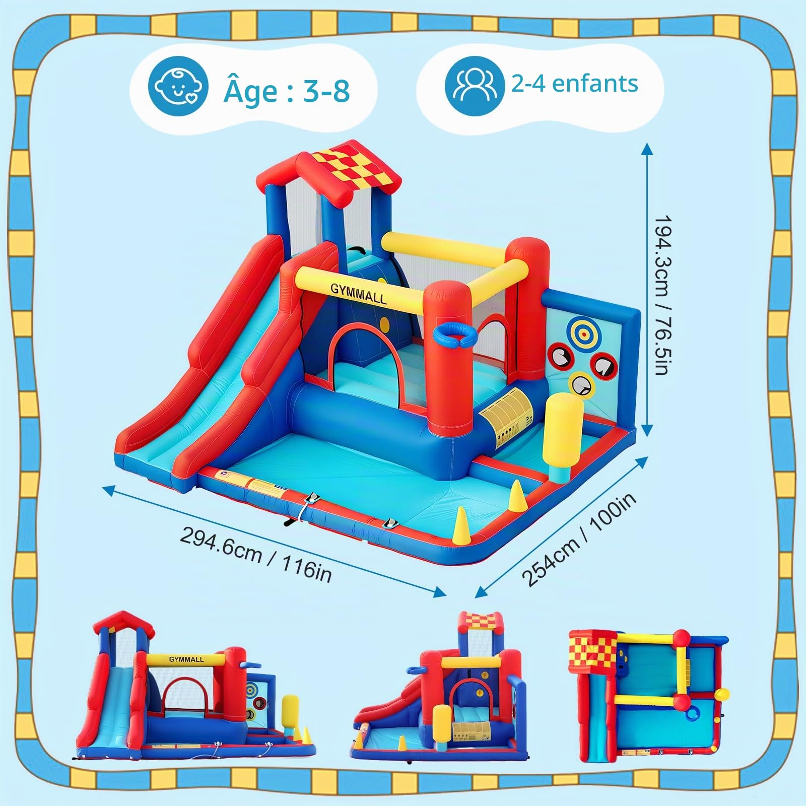 Château Gonflable pour Enfants – Équipement de Jeu Multifonction 8 en 1 avec Toboggan, Mur d’Escalade, Trampoline et Ventilateur 370W, conçu pour Intérieur et Extérieur