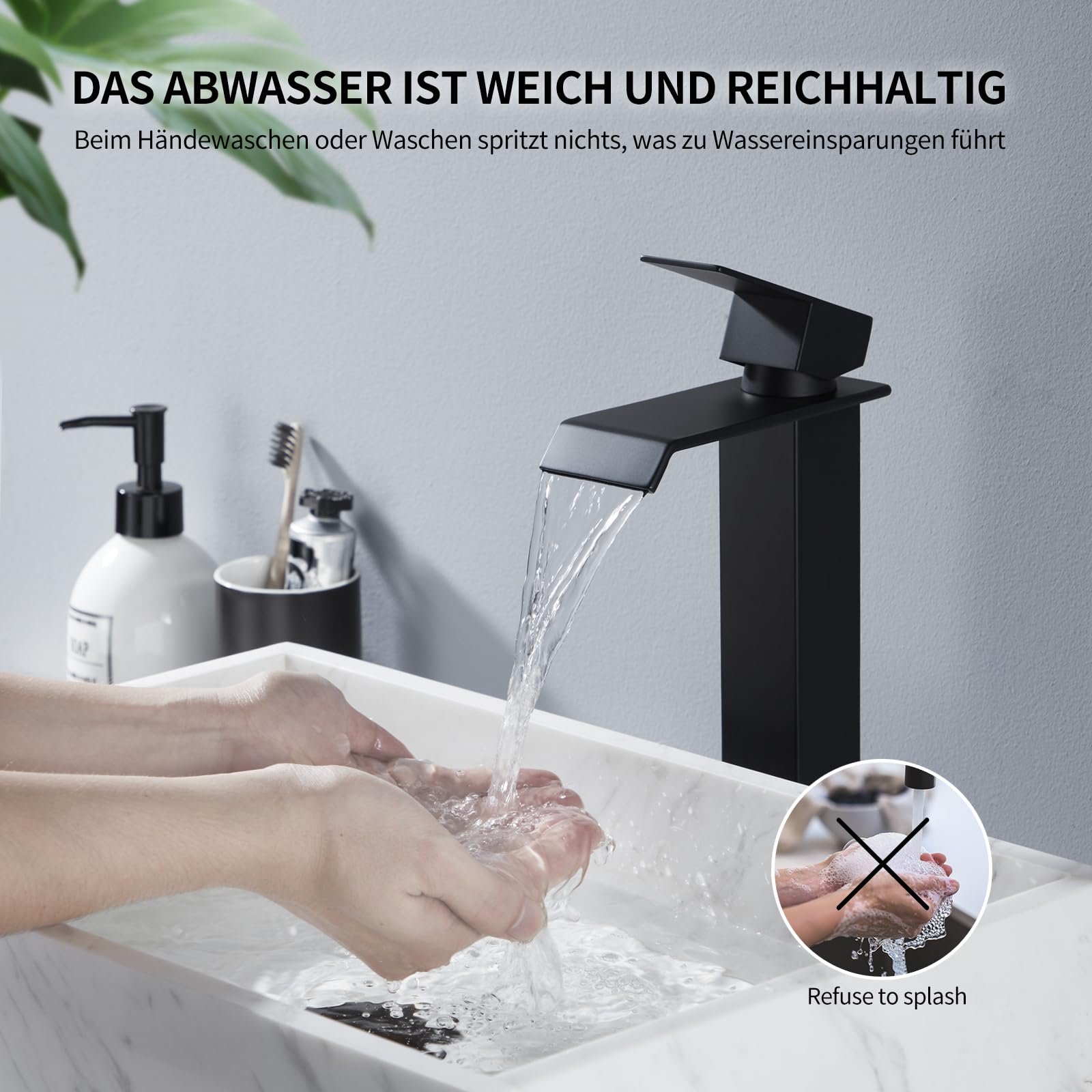 HOMELODY Wasserhahn Bad Schwarz, Wasserfall Einhandmischer Mischbatterie Waschbecken Waschtischarmatur mit Auslauf Höhe 247MM, Energiesparend Armatur Badezimmer, Eckig