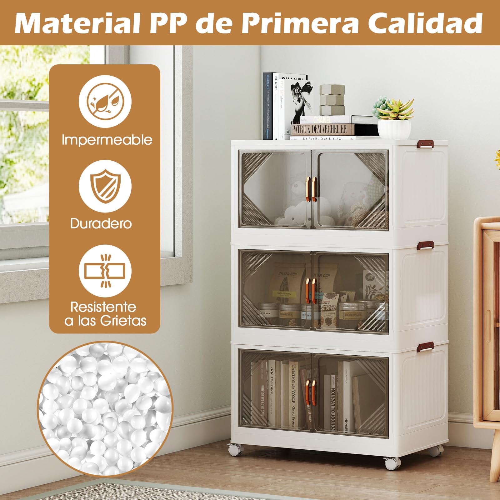 GOPLUS Caja de Almacenamiento Plegable con Tapa 159/212/265 L, Organizador Apilable con 4 Ruedas Universales y Puertas Transparentes, Armario de PP para Almacenaje y Exhibición (3 cajas / 213L)