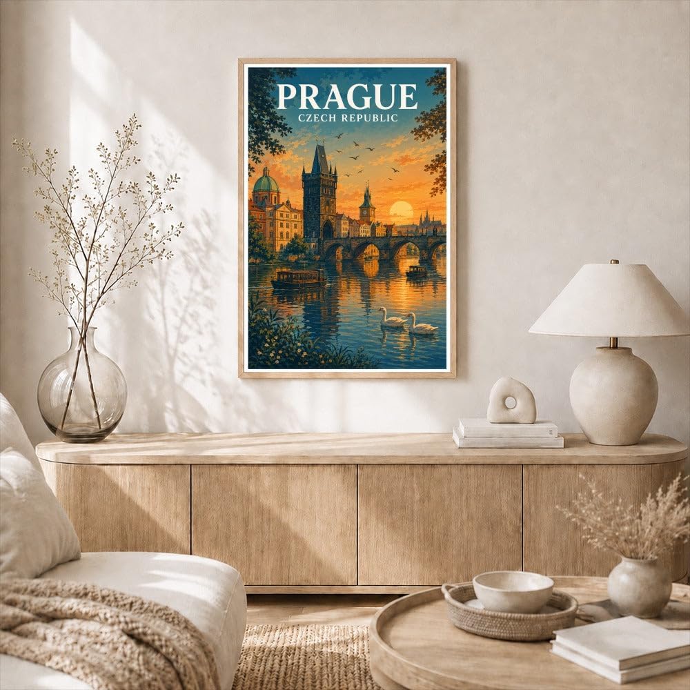 TeesPass Prague Czech Republic Charles Bridge Old Town Poster Vintage Travel Wall Art Print European Architecture Cityscape Decor For Living Room Office Bedroom Gift Unframed image 3