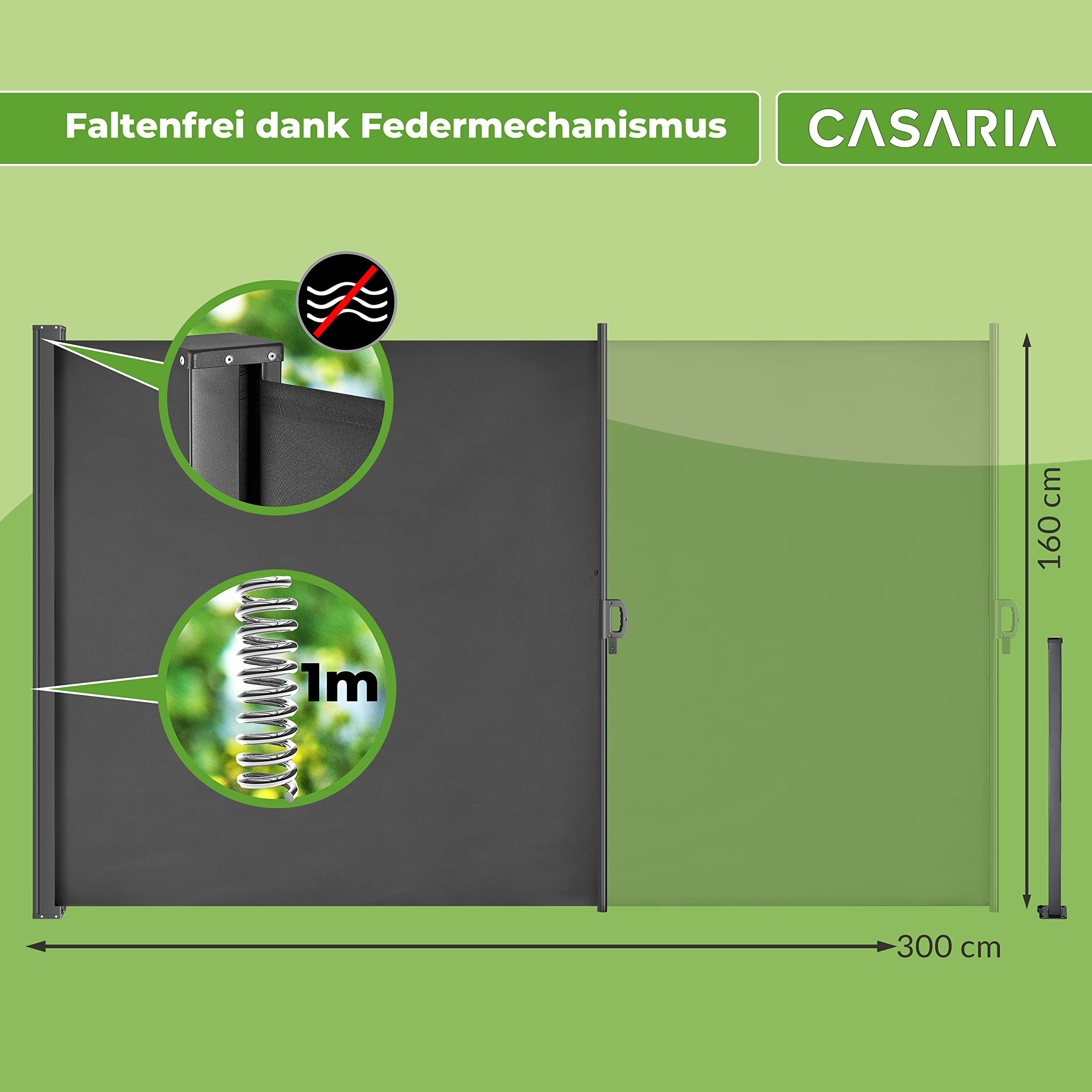 Casaria® Seitenmarkise Nosara 160x300cm Ausziehbar Blickdicht Sonnenschutz Markise Balkon Terrasse Garten Seitenrollo Sichtschutz Windschutz Anthrazit
