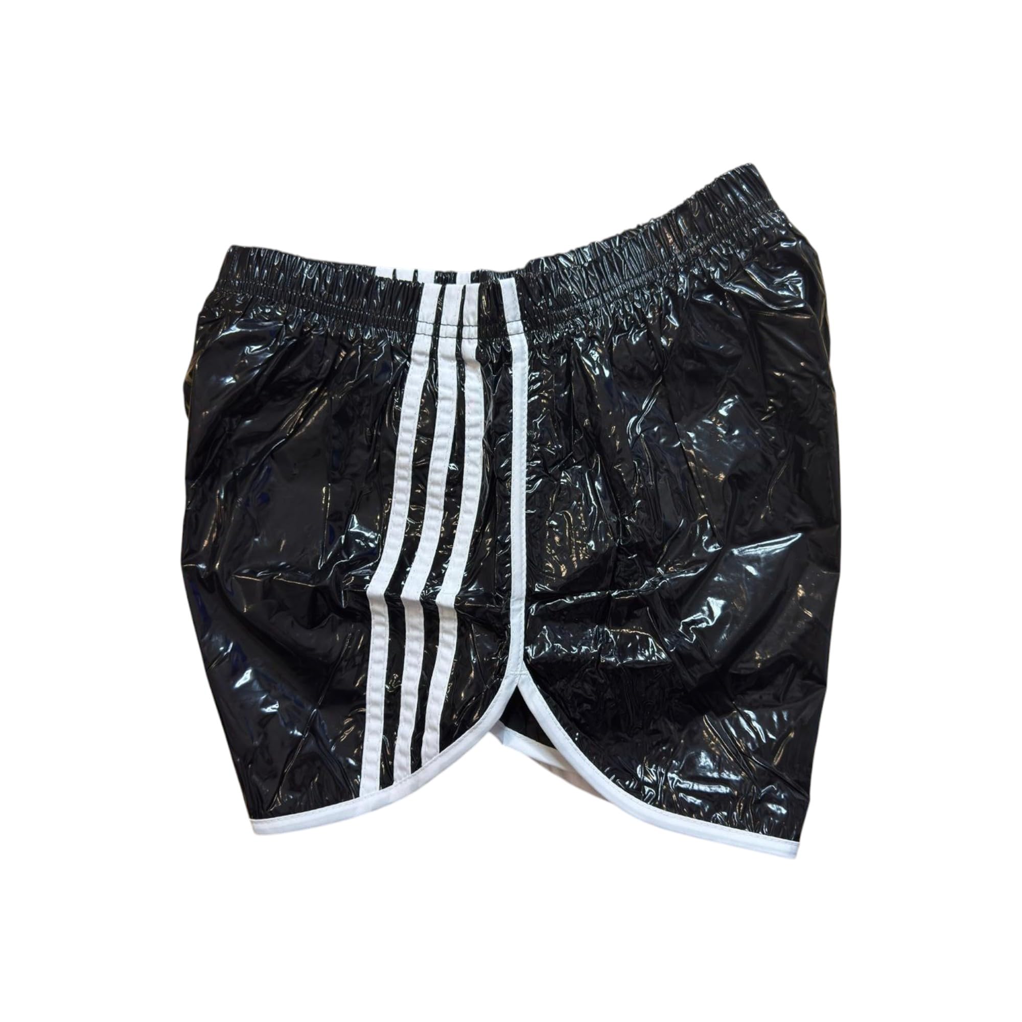 Satin Fitness Herren Glanz Nylon Sport Shorts Cal Surf Wetlook Shiny Nylon Glanzshort Brillant Fussball Boxershorts Schwarz mit Streifen