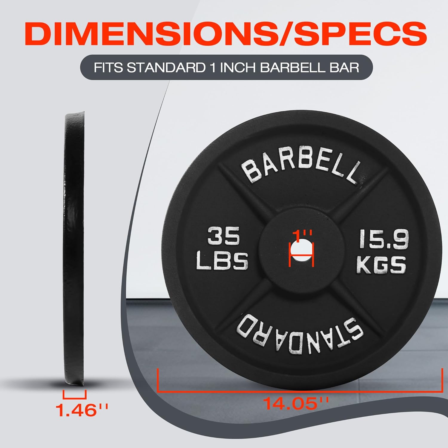 Fitvids Cast Iron 1-Inch Standard Weight Plate for Strength Training & Weightlifting, Home Gym, Multiple Weights Available