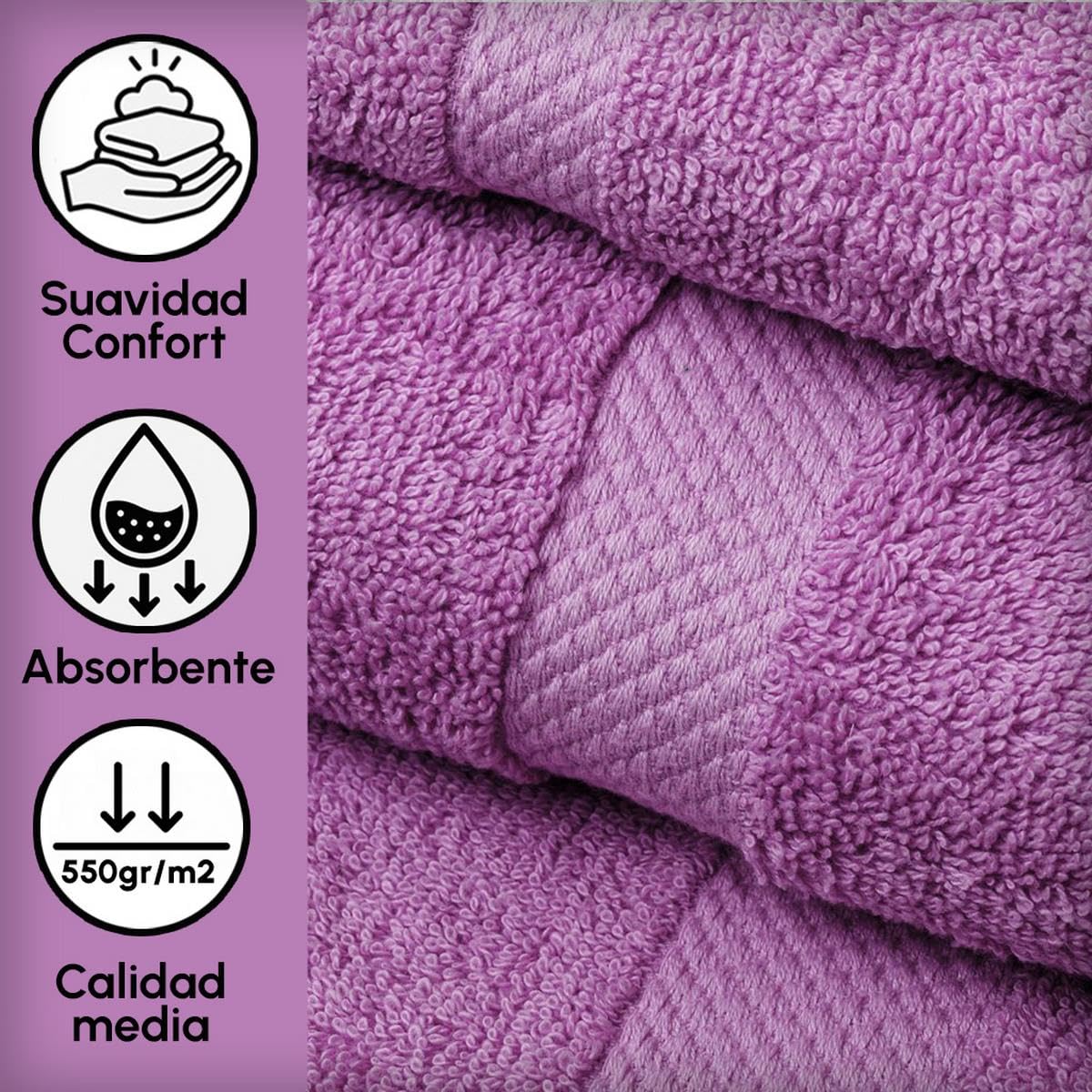 Juego de 6 Toallas Ducha Grandes Color Violeta 100% algodón 150x100 cm | Tejido suave de gran gramaje con alta absorción. Aptas para lavadora, de uso diario.