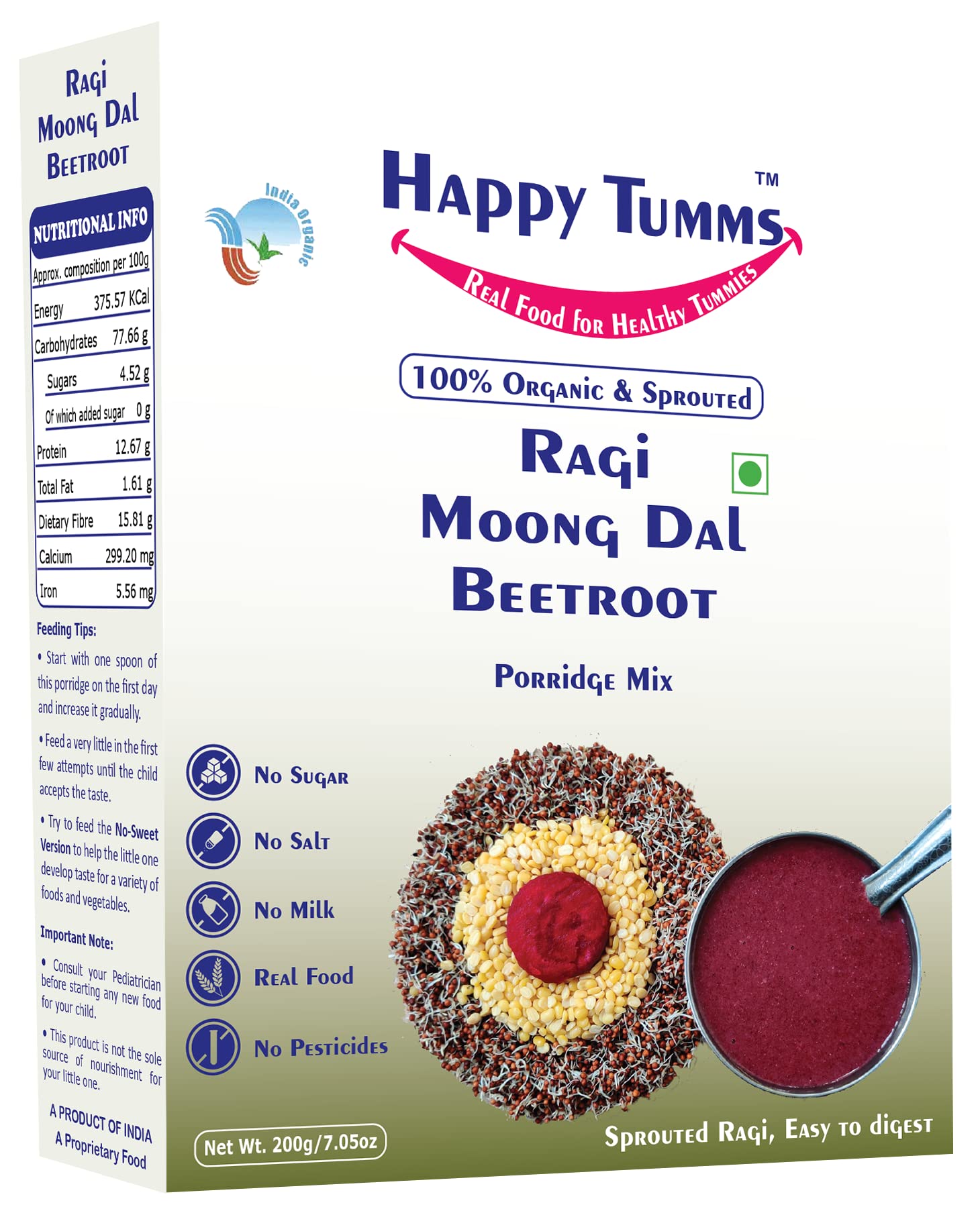 Tummy Friendly Foods Certified Organic Sprouted Ragi, Moong Dal, Beetroot Porridge Mix | Sprouted Ragi Powder For Little Ones | Available in Trial Baby Packs too | Shelf Life 6 Month | 200g (B0BLT15SB9) Amazon Price History, Amazon Price Tracker