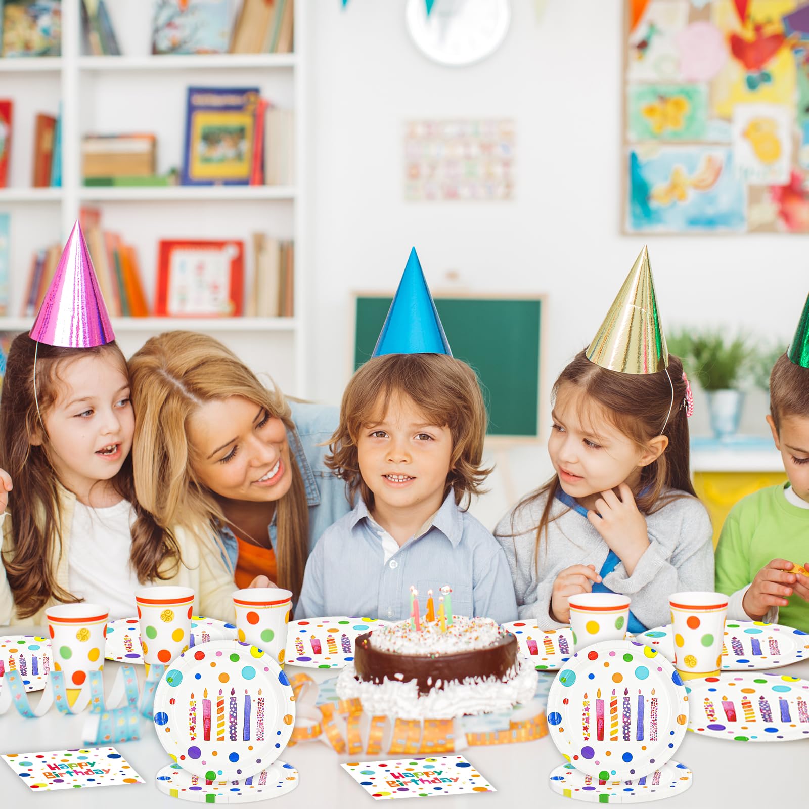 50 platos y servilletas de feliz cumpleaños, 7 pulgadas, coloridos puntos, platos de postre para pastel de cumpleaños, juego de vajilla de papel desechable para decoración de fiesta de