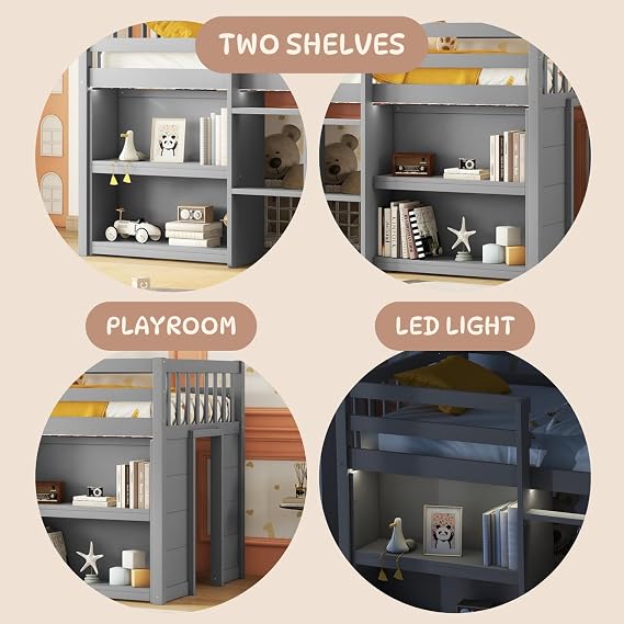 Modern Twin Size Kid Low Loft Bed with Two-Tier Shelves and LED - Grey