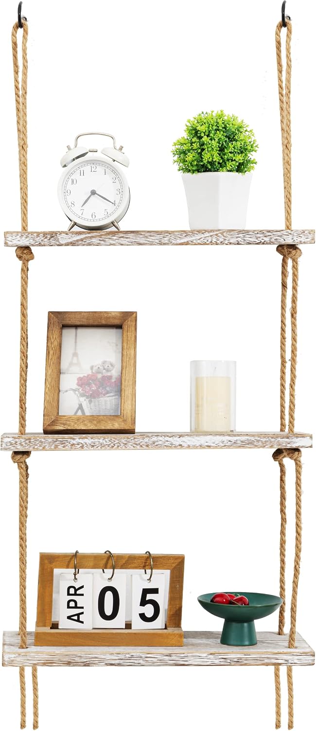 Oyydecor Wall Hanging Shelf, 3 Tier Distressed Wood Swing Storage Shelves Jute Rope Organizer Rack, Rustic Home Wall Decor (White)