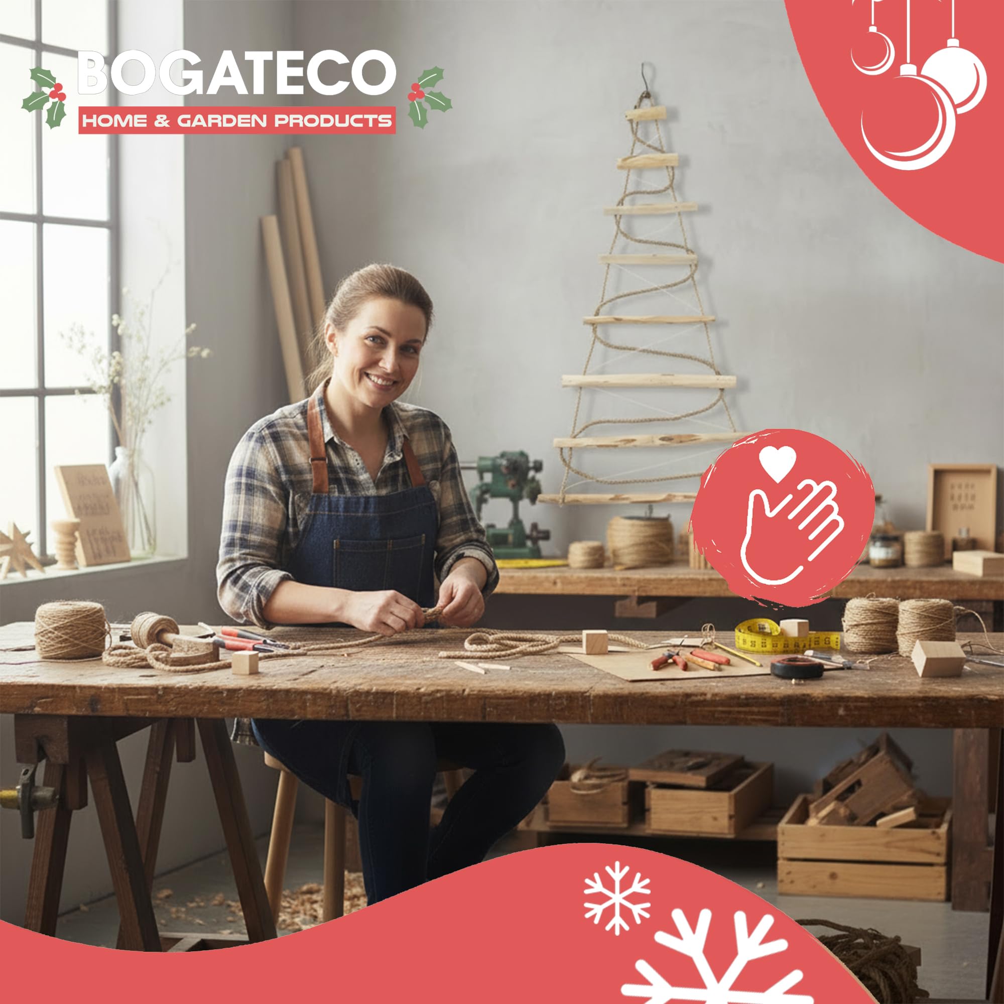 BOGATECO Albero di Natale fatto a mano, con decorazioni, 195 cm, con LED da 230 V, in legno di nocciola, ciondolo decorativo, pannelli di legno collegati a una corda di iuta con uno spessore di 6 mm