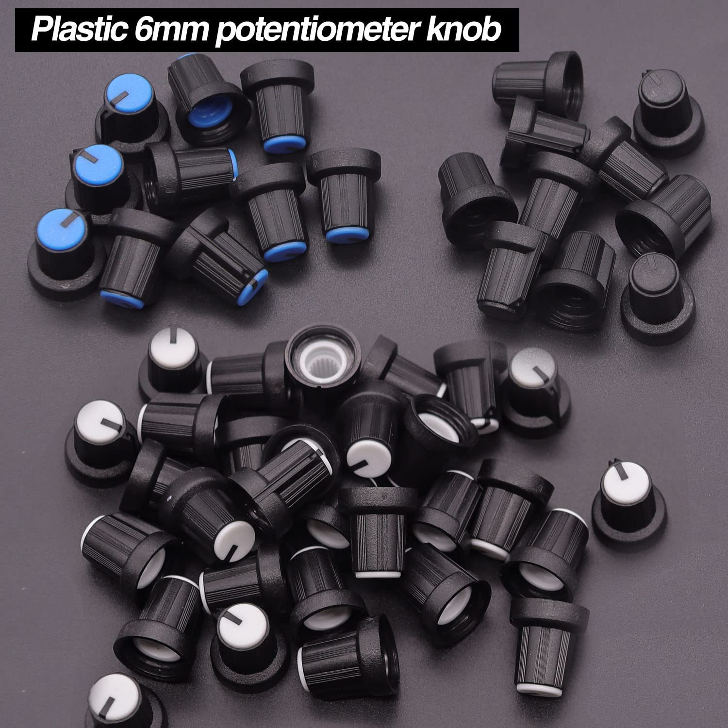 Taiss 100pcs potentiomètre Kit b1k b5k 10K 20k 50k 100k 250k 500k 1m ohm dreh type B potentiomètre linéaire avec écrou, rondelle et 3 couleurs différentes boutons en alliage d'aluminium F048