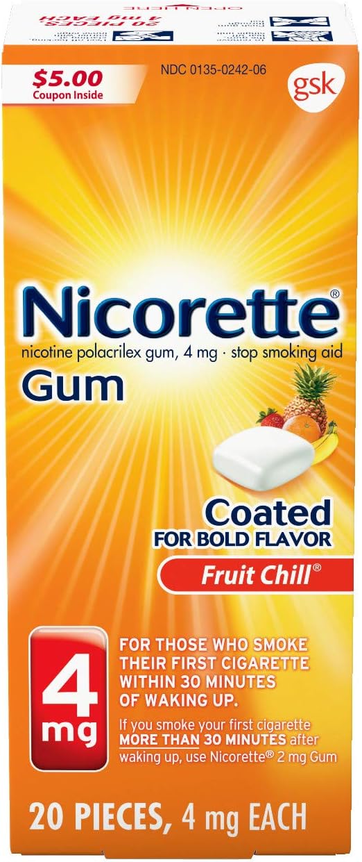 Nicorette Nicotine Gum Stop Smoking Aid to Help Quit Smoking, 4mg, Fruit Chill Flavor - 20 Count