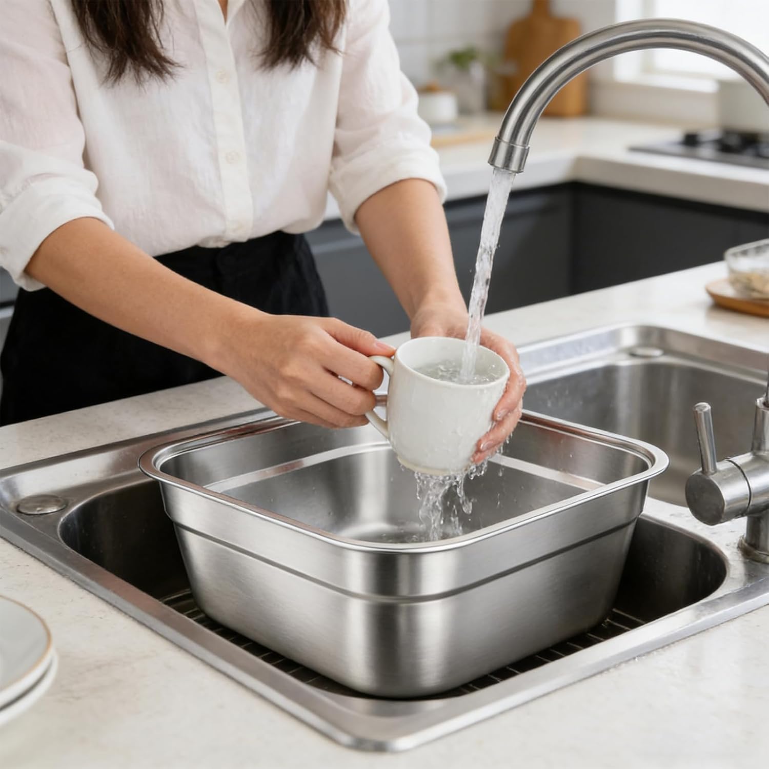 Stainless Steel Washing Up Bowl, Large Square Dish Tub for Kitchen Sink, 12.9 in Width Vegetable Washing Basin with Smooth Rim, Stable Flat Bottom Container for Home Cleaning