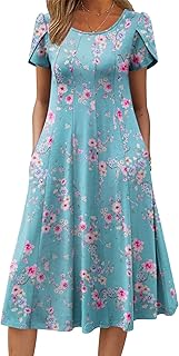 Womens Casual Dresses for Summer Short Sleeve Flare Midi Dress Loose Flowy Beach Sundress