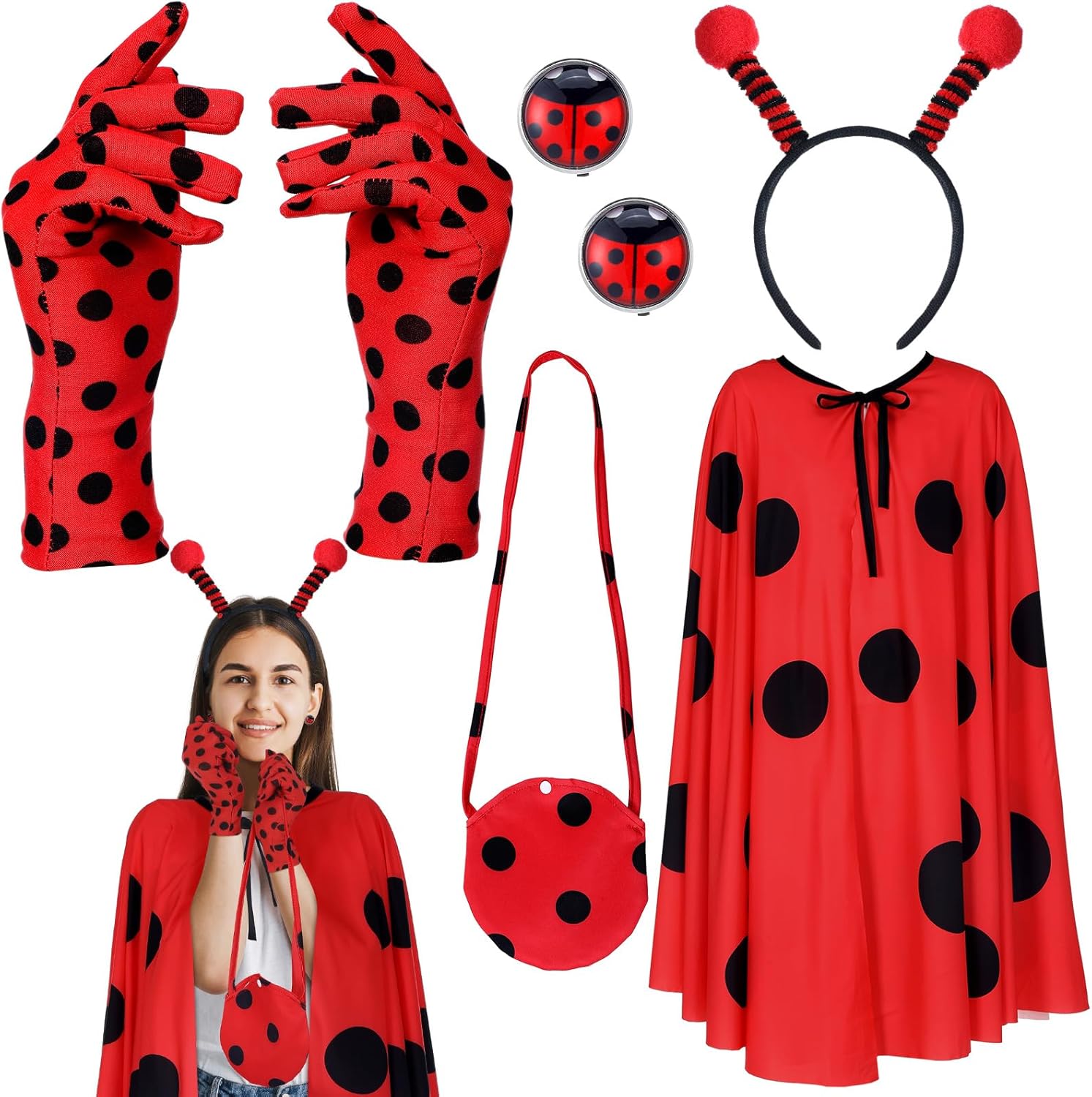 Mepase 5 Pcs Ladybug Costume Set for Women Ladybug Outfits Included Headband Gloves Earrings Bag and Cloak Halloween Birthday Party Cosplay Outfit Clothes