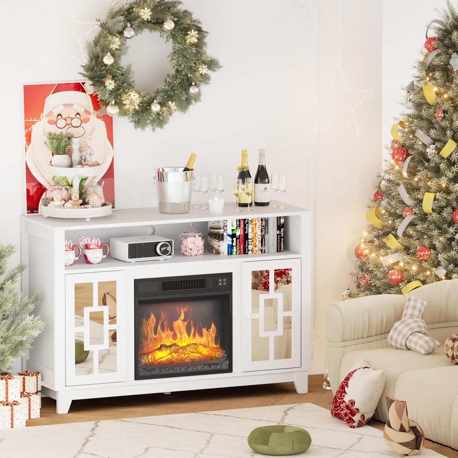 VINGLI Fireplace TV Stand for 60 Inch TV - Modern Entertainment Center with Glass Door Storage Cabinet, Media Entertainment Center Console Table with 18'' Electric Fireplace, White - Image 5