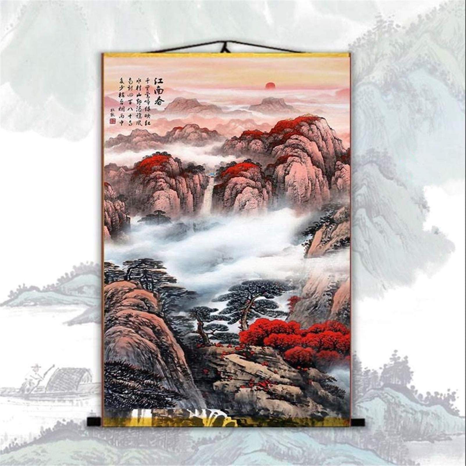 Vrfvsdasaas Green Chinese Wall Art, Prints Canvas Scroll Paintings Style Chinese Landscape Painting Hills And Clear Waters Ornaments
