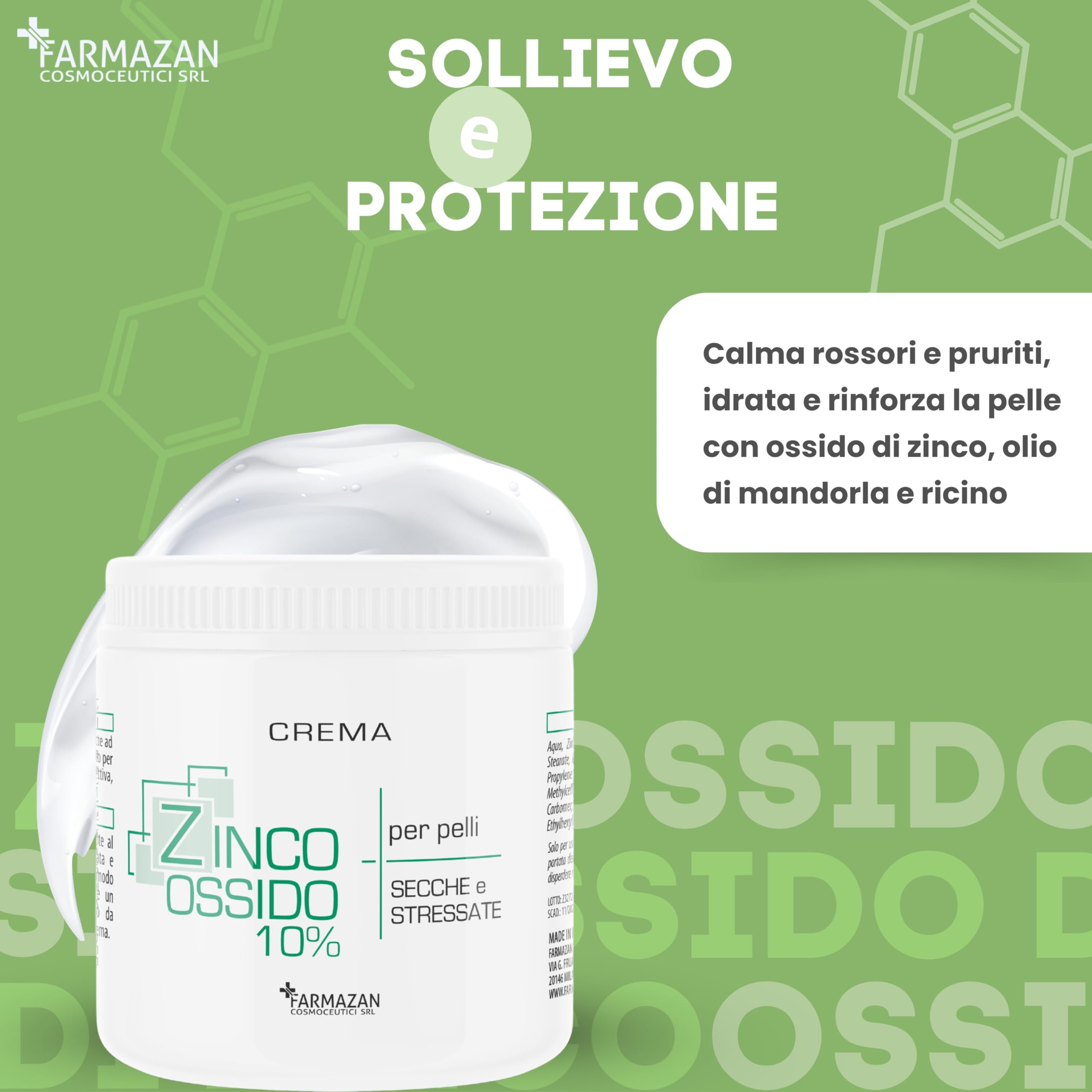 Crema Ossido di Zinco 10% 500ml Protettiva Lenitiva Idratante Senza Profumo Olio di Mandorla e Ricino Cambio Pannolino Pelli Delicate Made in Italy