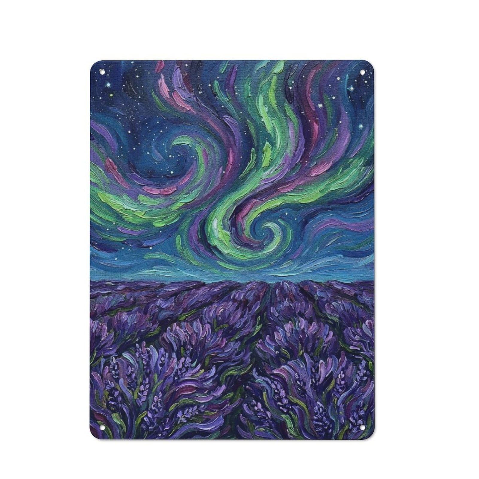 Junmoney Style-16 Metal Wall Sign 40X30cm Featuring Lavender Field Under Aurora Painting For Pub Or Café, Housewarming Wall Decor For People Furnishing Pub And Café