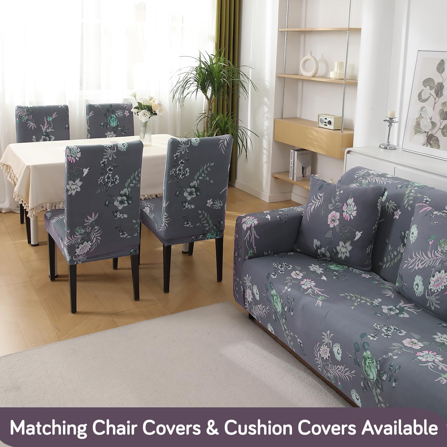 HOKIPO 4 Seater Sofa Cover - Grey Floral -5 HOKIPO 4 Seater Sofa Cover - Grey Floral -5