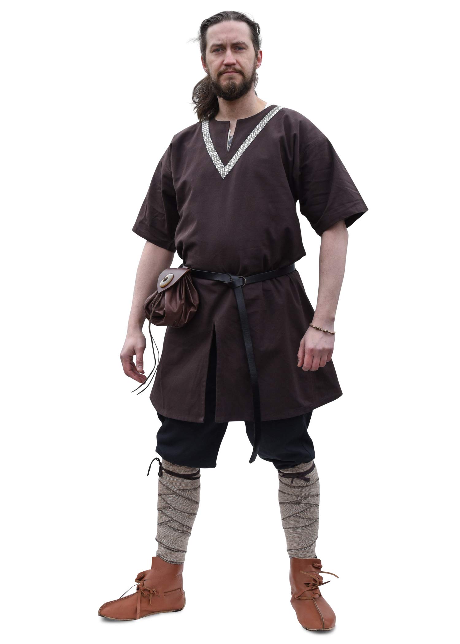 Battle-Merchant - Medieval Tunic Ailrik - Cotton Short Sleeve Shirt with Braids - Viking - LARP - Brown - S