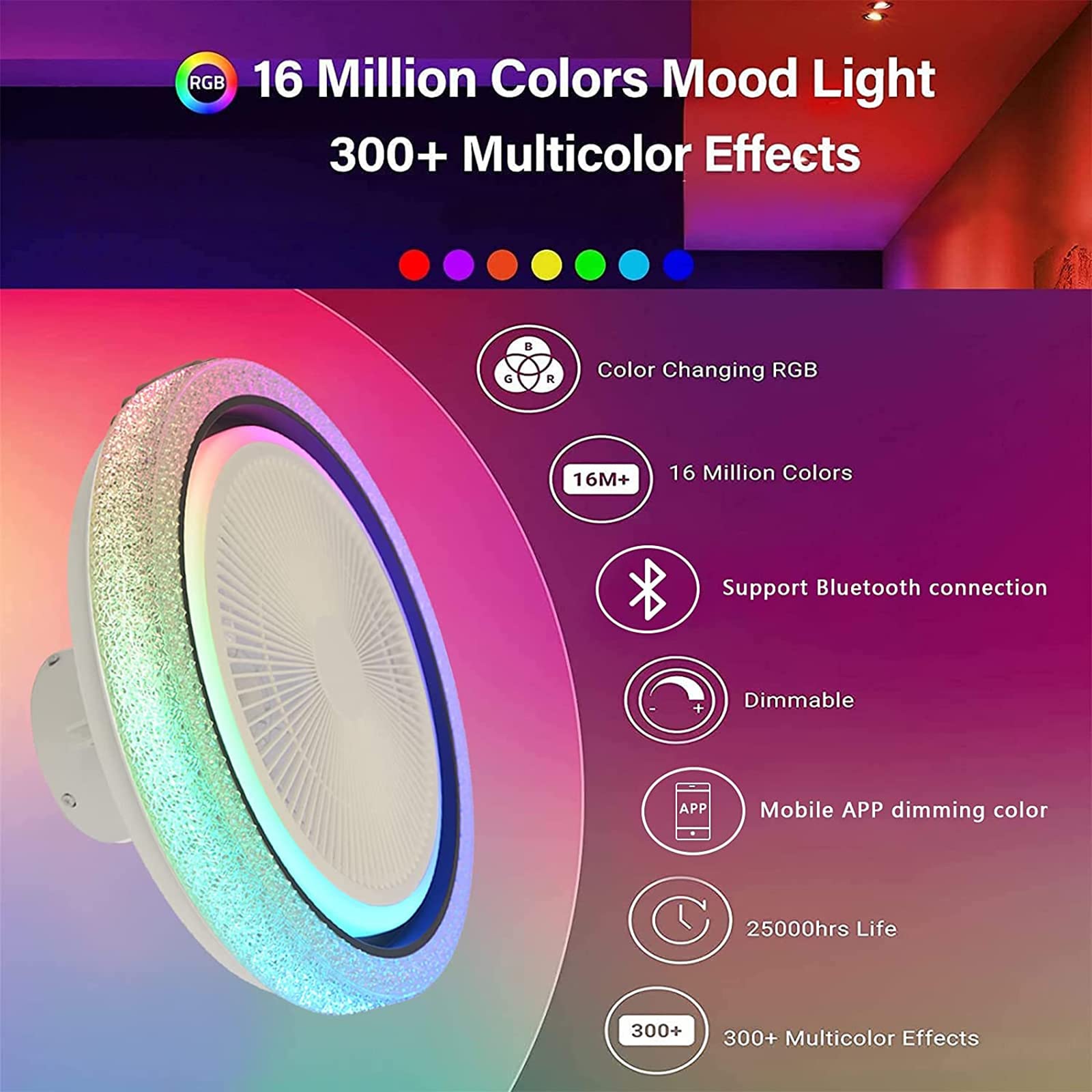 Plafonnier Ventilateur LED RGB Avec Bluetooth - Télécommade Et APP, 6 Vitesses Pour Chambre