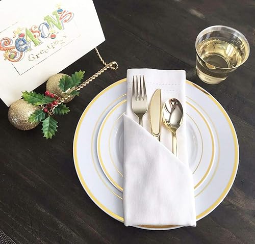 Miniatura 4 de 125 piezas oro placas plásticas y cubertería para 25 invitados, platos desechables de plástico resistente con borde de oro y plata para fiesta y