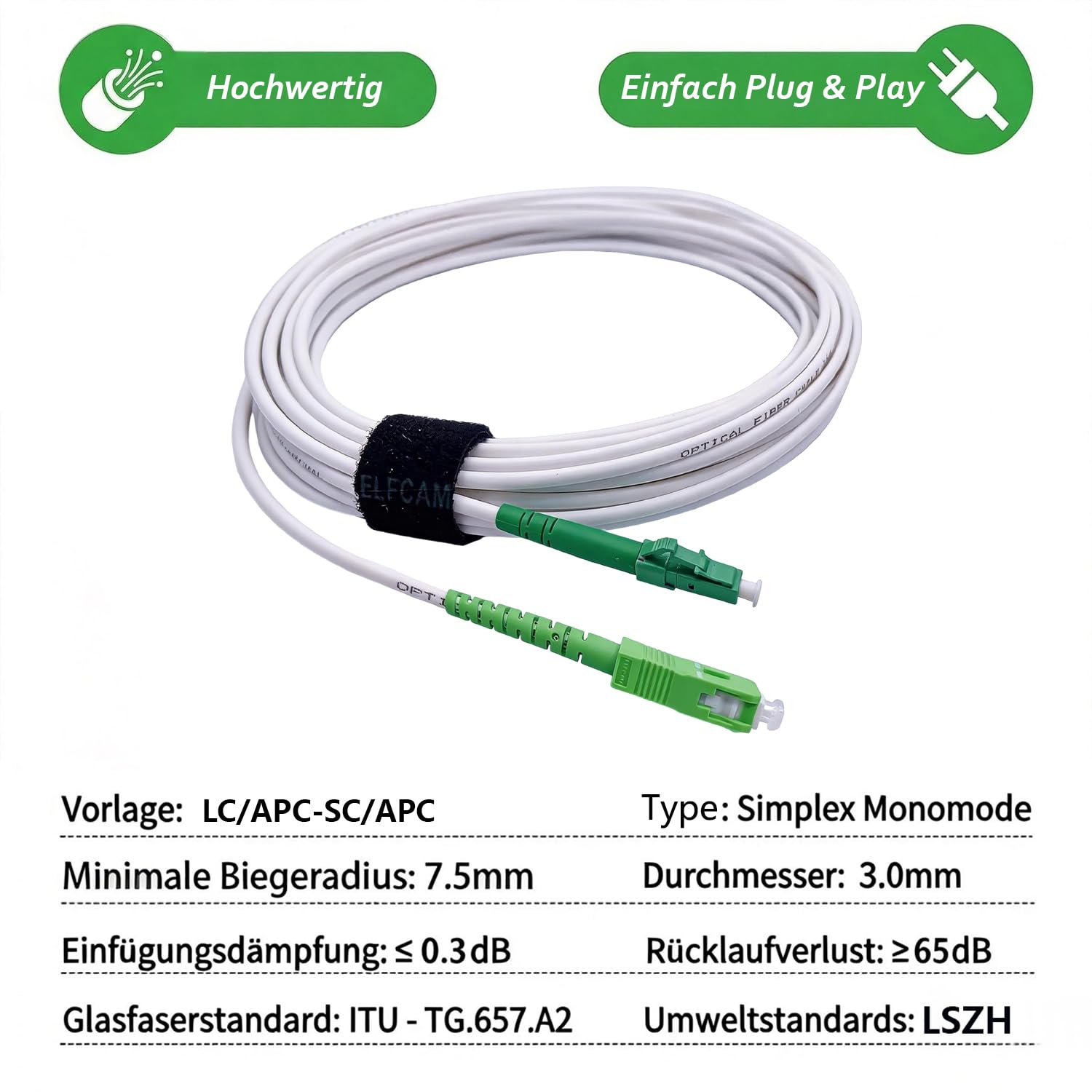 Elfcam® - Cavo Fibra Ottica LC/APC per SC/APC Simplex Monomodale 9/125μm OS2 LSZH, Bianco (2M)