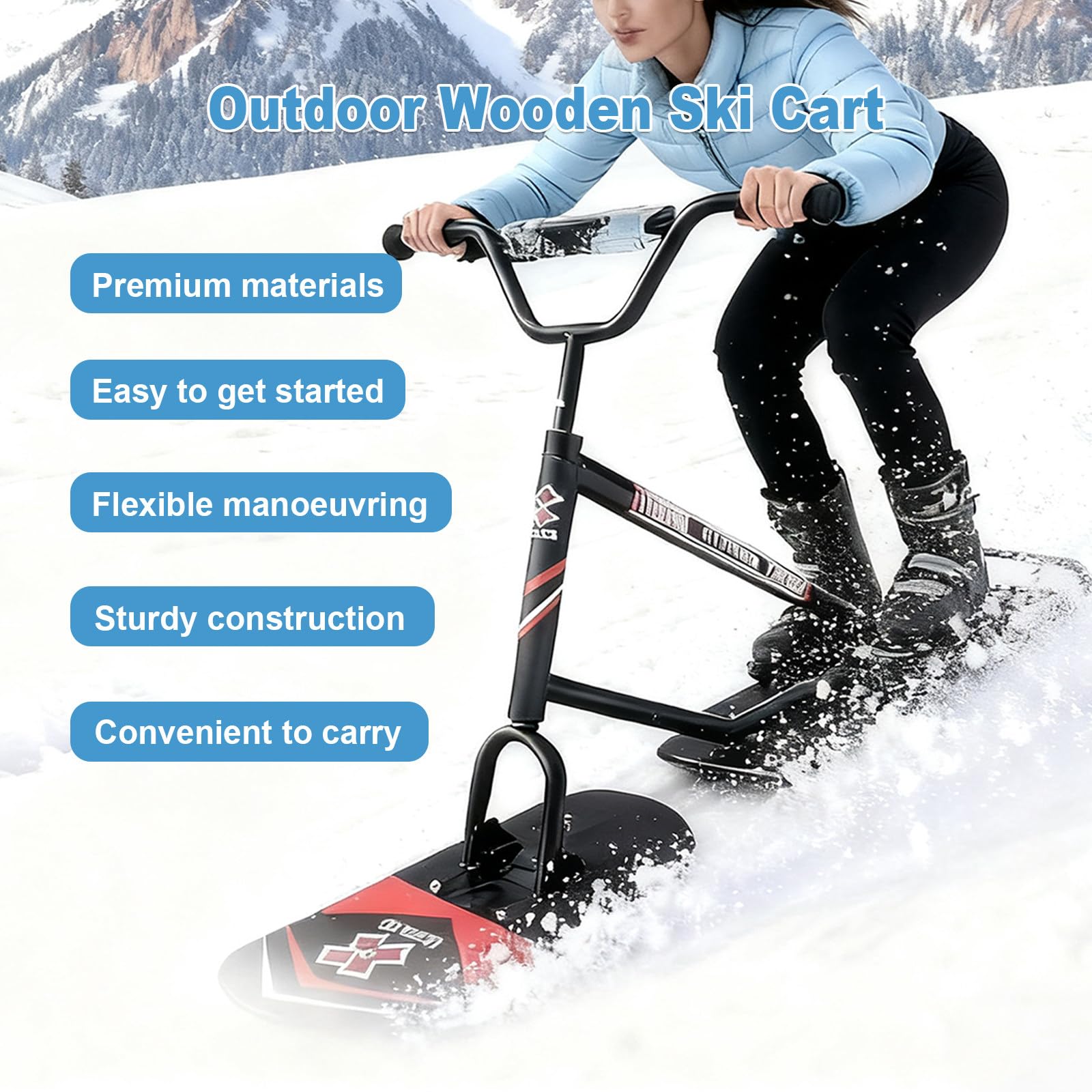 Monopattino Da Neve Per Adulti Adatto A Tutti I Terreni:Sterzo Agile A 360°,Telaio In Alluminio Rinforzato Con Doppie Lame,Supporta Fino A 150 kg,Per Piste Battute E Neve Farinosa Black