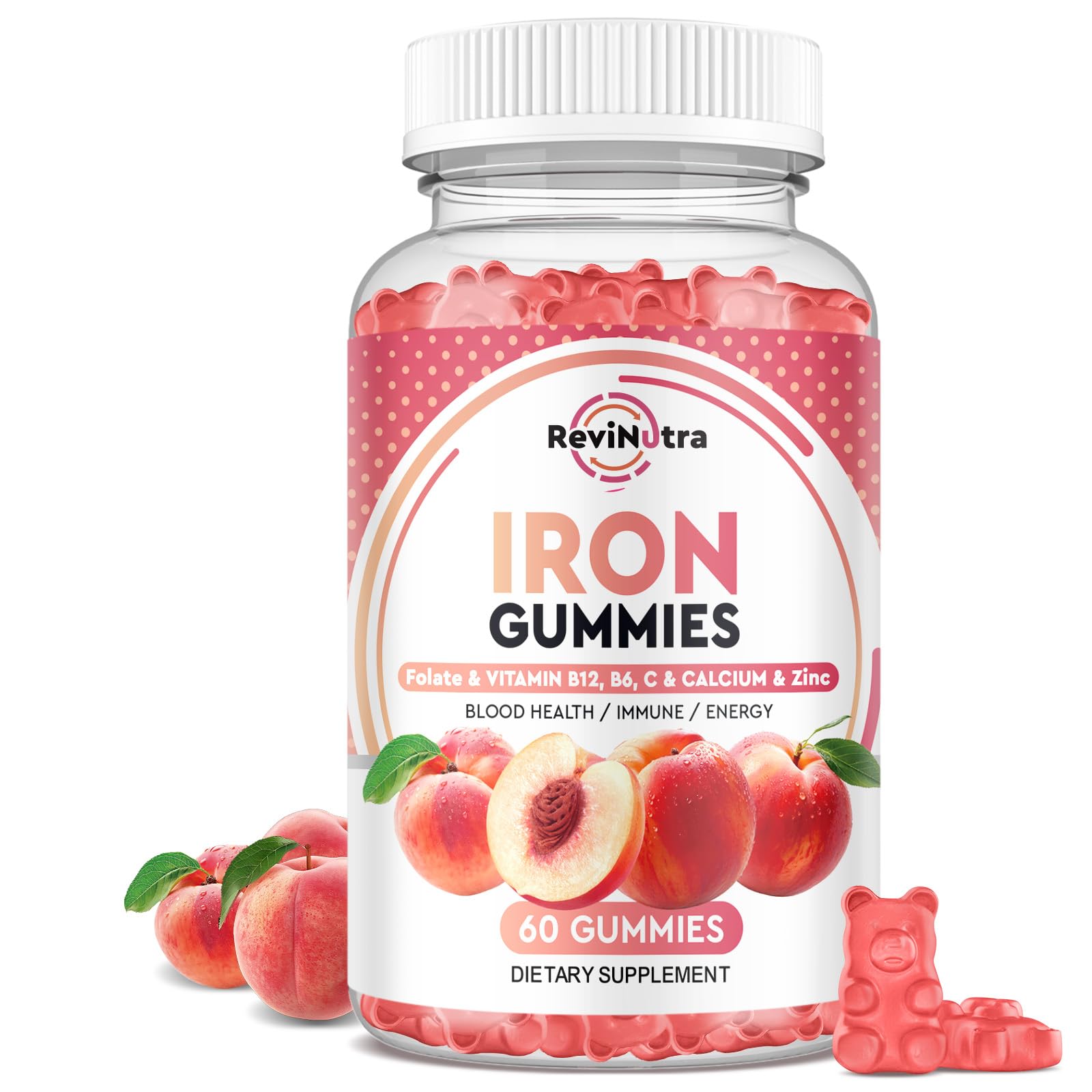 Iron Gummies with Zinc, Calcium, Vitamin C, B6 & B12 | Iron Supplement for Women, Men & Kids | Supports Anemia & Deficiency, Blood Builder & Cell Formation | Chewable Peach Flavor, 60 Gummies Peach 60 Count (Pack of 1)