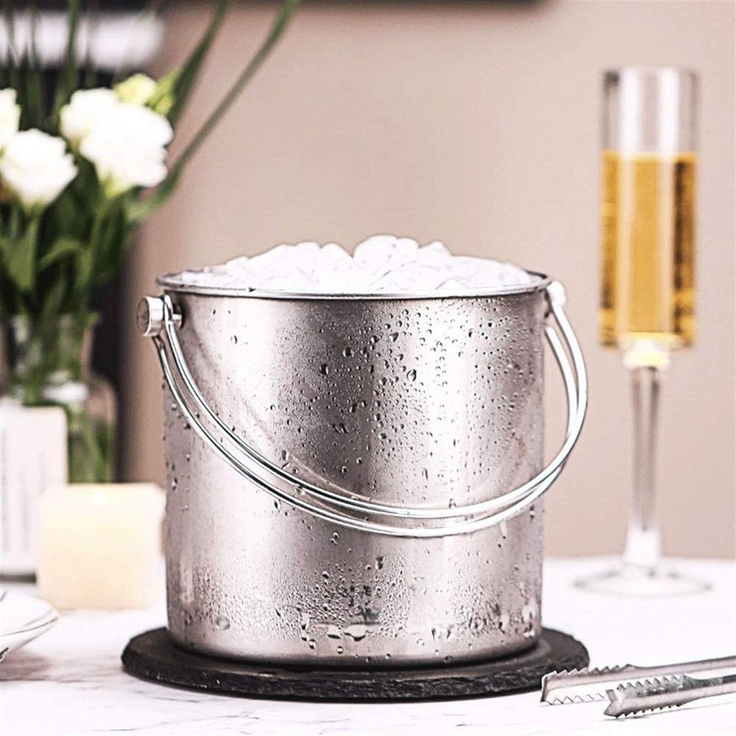 Champanera Cubo de Hielo de Acero Inoxidable para Bebidas y Fiestas, Asas de Transporte, Cubo pequeño, Botella de Vino, Enfriador de Cerveza y Vino Cubiteras