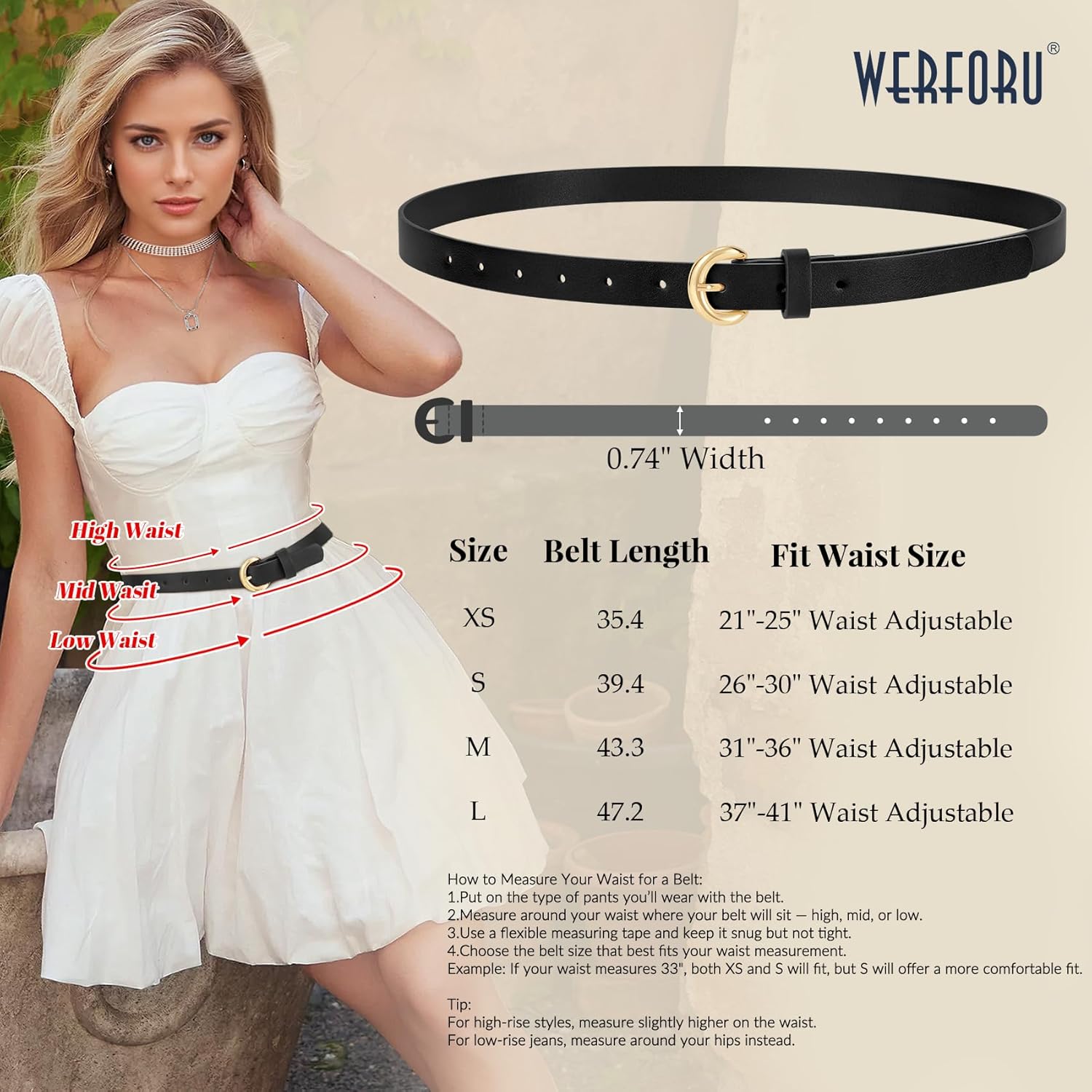WERFORU 3 Pack Women Skinny Belt Thin Waist Belt for Women Leather Belt with Gold Buckle for Jeans Pants Dress 0.74" Width - Image 6