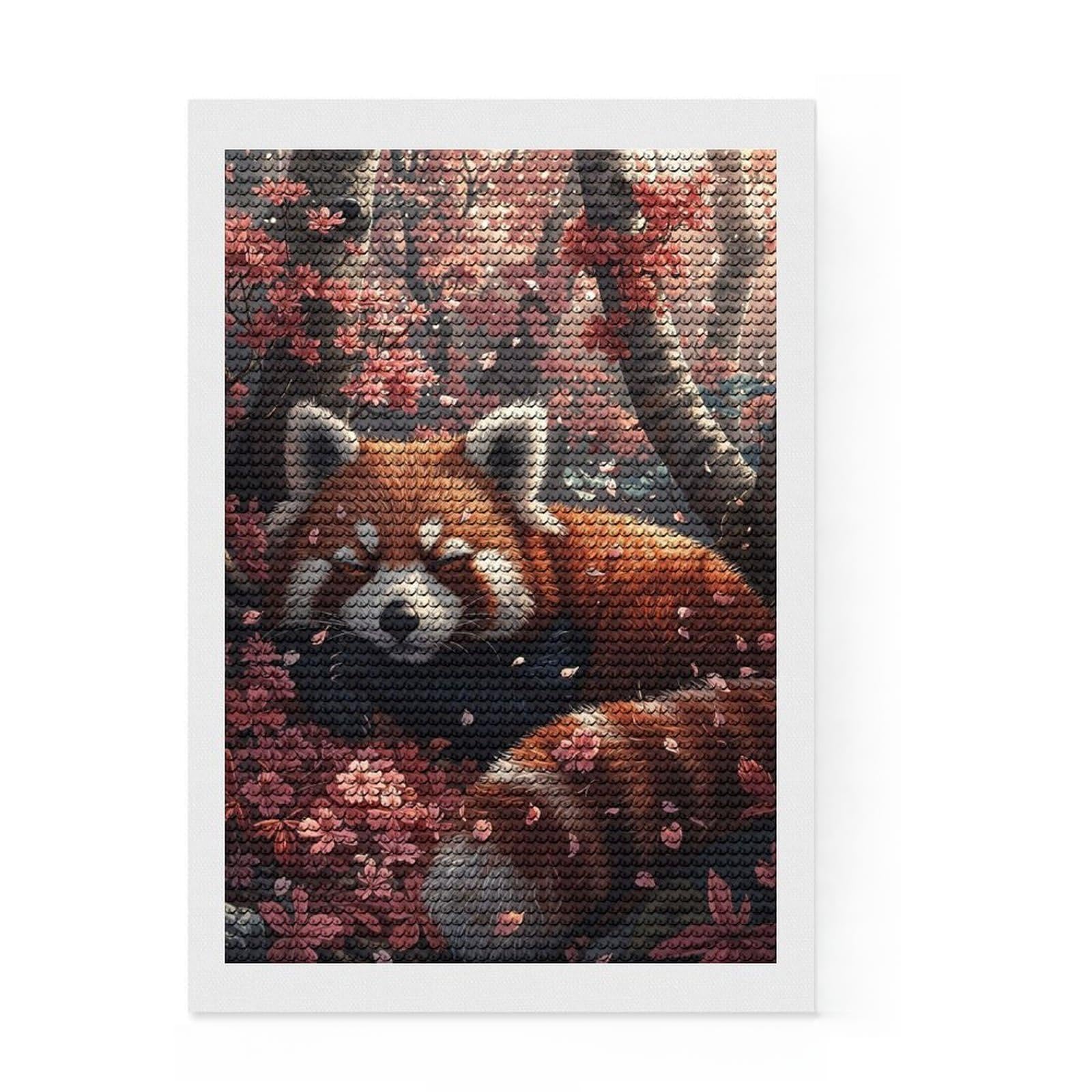 Junmoney Red Panda Sleeping Sakura Diamond Painting Set 8"x12", with Tool Kit, Office Decor, Creative Hobby, Fun Craft Activity, Winter Craft