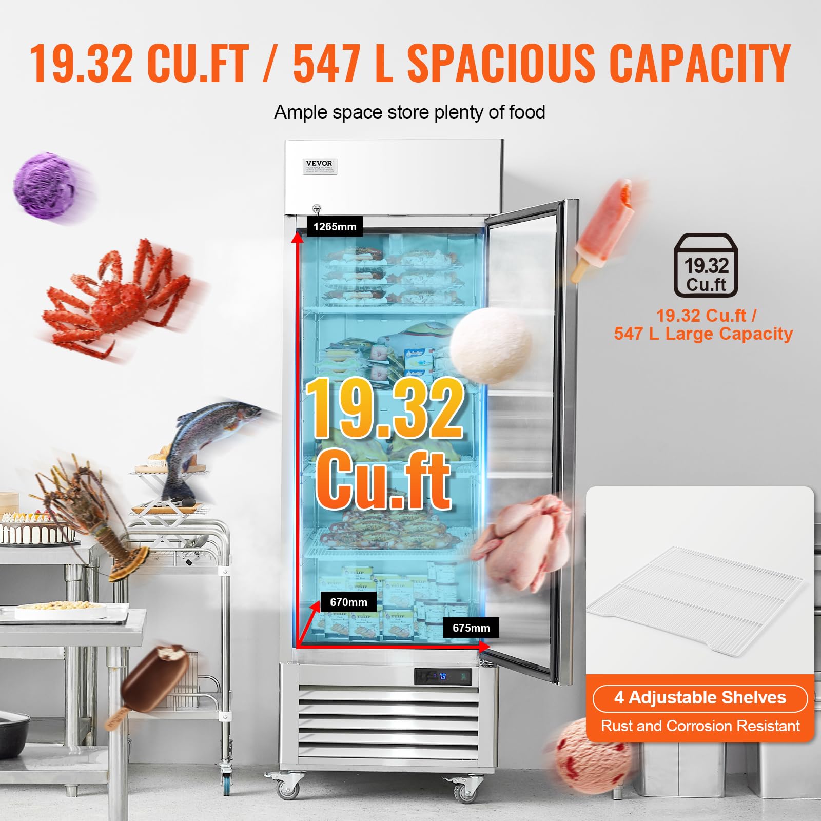 VEVOR Congélateur Commercial 570 L, Armoire de Congélation à Portée de Main 1 Porte, en Inox, Dégivrage Automatique, Contrôle de Température -25 à -15 ℃, 3 Tablettes et 4 Roues, Cuisine Restaurant