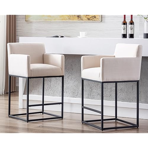 Modern Counter Height Bar Stools Set of 2, Linen Fabric Upholstered Bar Stools with Backs, 26 Inch Kitchen Island Stools with Black Metal Frame, Cream