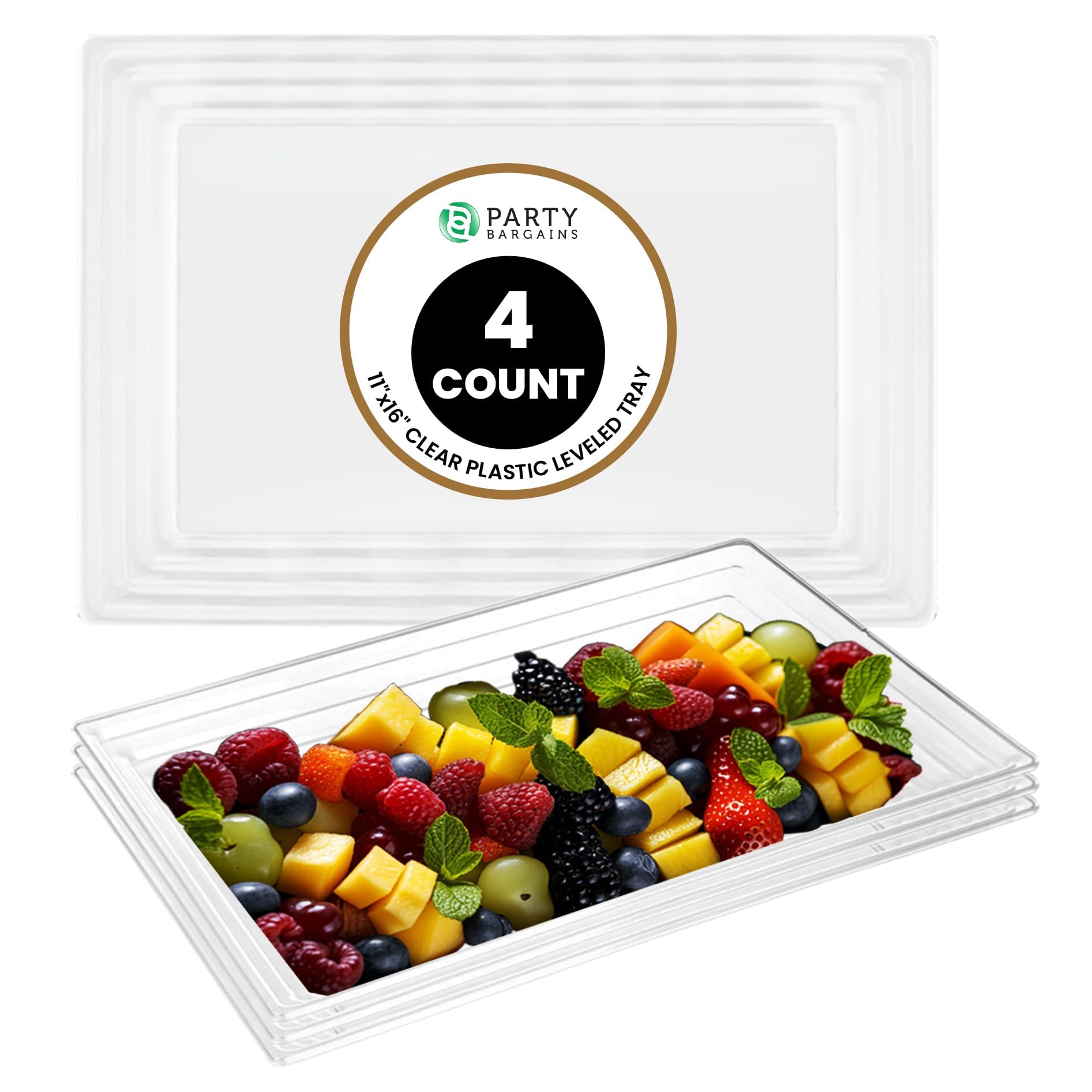 Party Bargains 11"x16" Disposable Leveled Rectangular Tray, 4 Pack, Clear, Plastic Serving Platter, Excellent Serveware for Food Tray, Snacks, Appetizers, Parties, Buffet, Catering