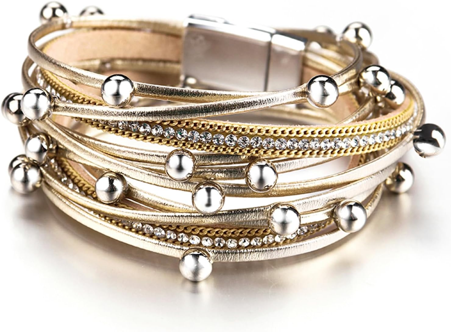 leather wrap bracelets for women, boho leopard multi-layer crystal cuff bracelet jewelry,Gold,A