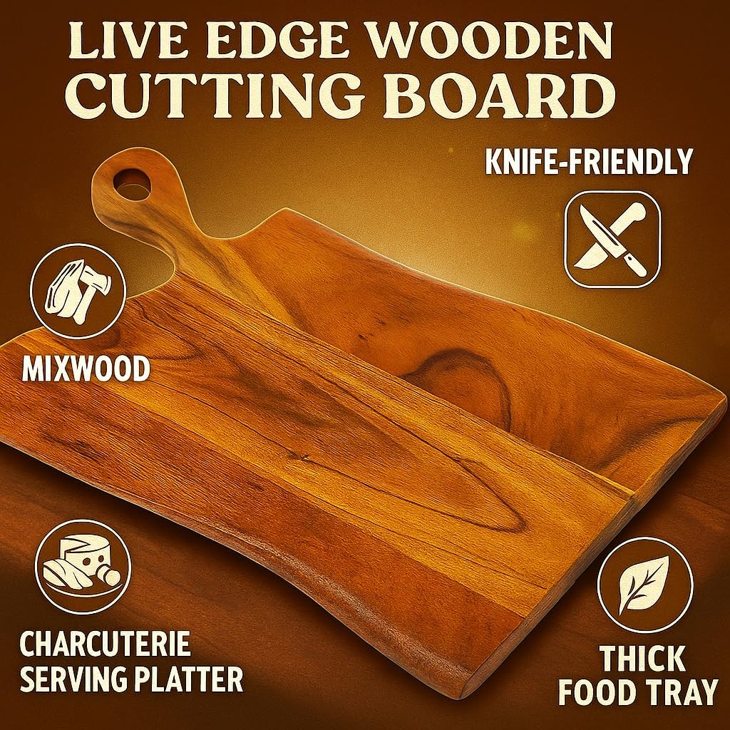 Live Edge Wooden Cutting Board, Mixwood Chopping Board with Handle for Kitchen, Knife-Friendly Butcher Block, Charcuterie Cheese Serving Platter, Thick Food Prep Tray for Meat, Vegetable, 17"x12"