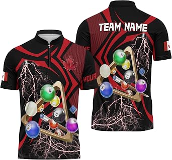 Canadian Billiards Team 1/4 Zip Jersey with Lightning Billiard Rack 3D Custom 8 Ball Zipper Tee Short Sleeve