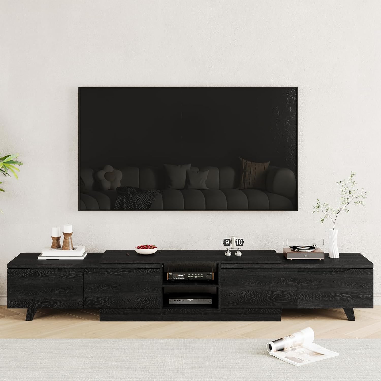 MEISSALIVVE Extendable TV Stand for Up to 120 Inch TV, Modern Entertainment Center with 4 Drawers & 2 Storage Compartments, Adjustable Length (95"-121"), TV Consoles for Living Room & Bedroom (Black)