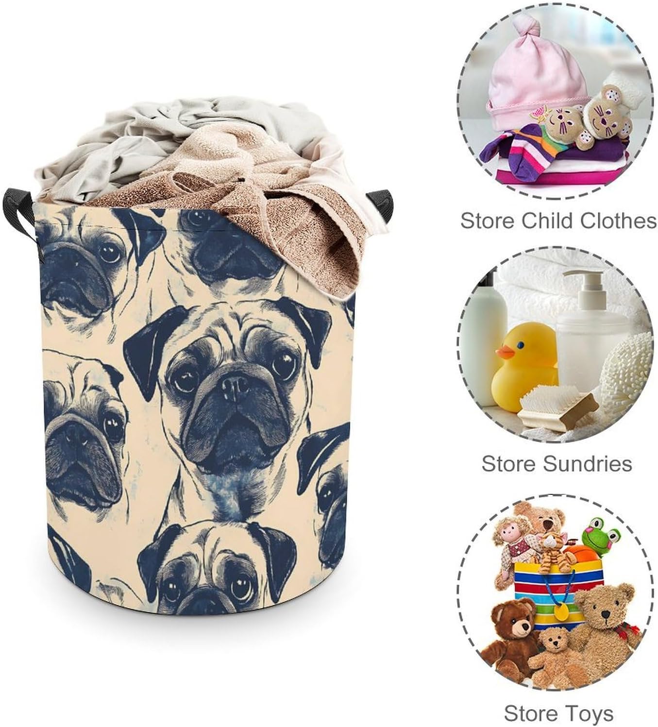 Pugs Dog Heads Pattern Laundry Hamper Basket for Home Bathroom | clothes storage,handle,large capacity,oxford