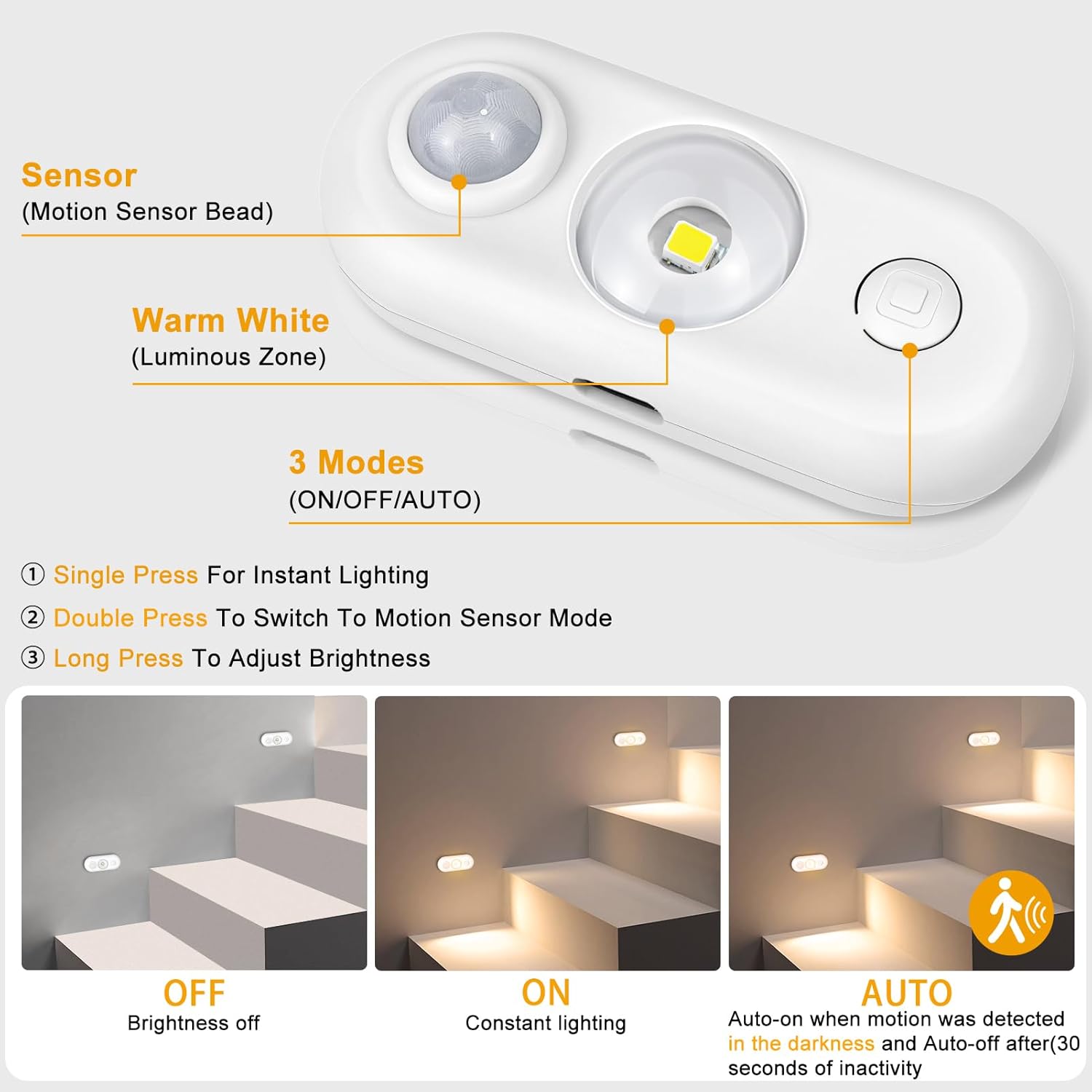 LED Motion Sensor Puck Lights, Magnetic Rechargeable Under Cabinet Lighting, Wireless Battery Operated Closet Light, Dimmable Under Counter Lights for Kitchen Stairs Hallway, Warm White, 4Pack, White