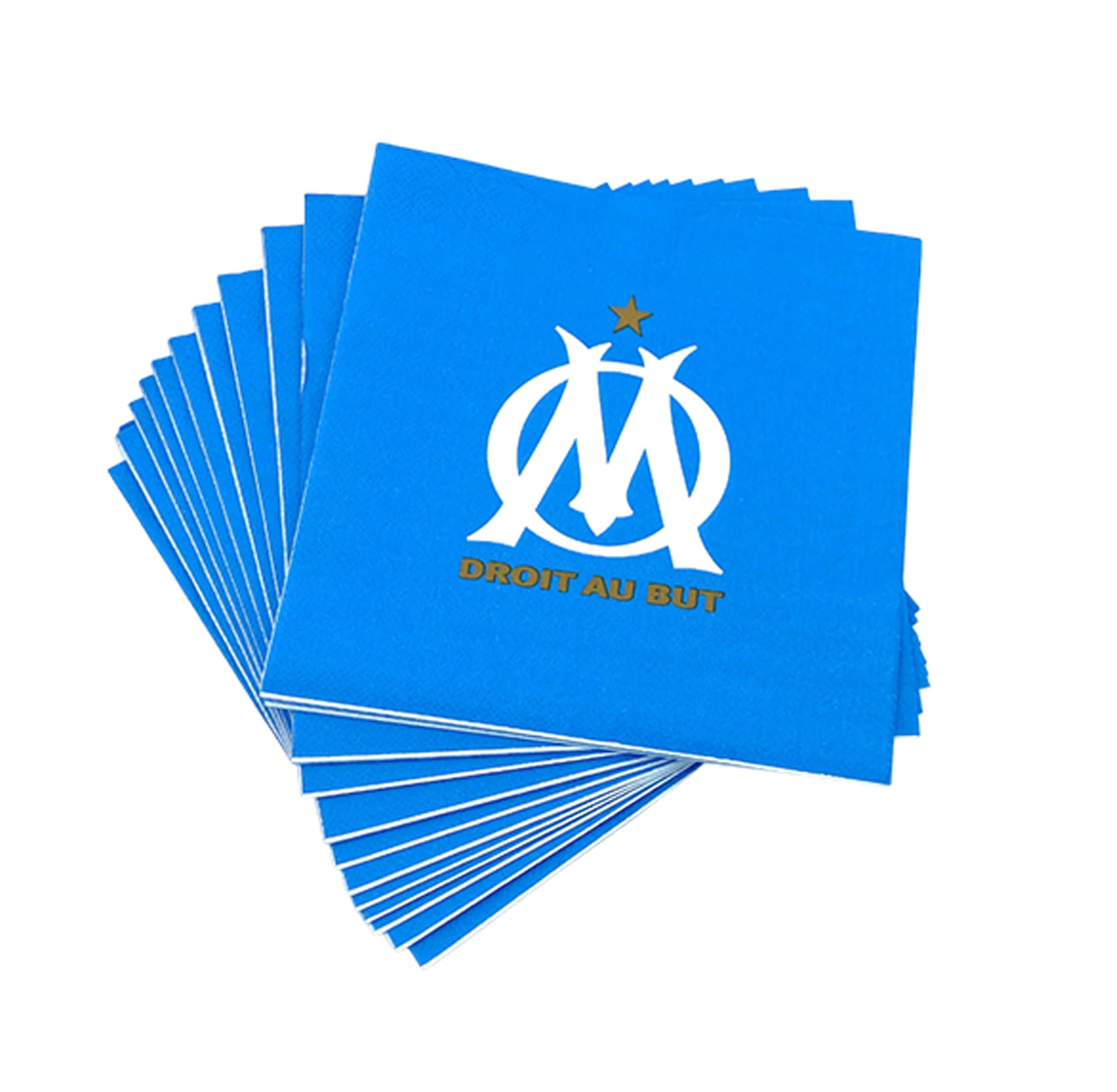 OLYMPIQUE DE MARSEILLE Pack 100 pièces Om : 1 Nappe 12 x Gobelet 12 x Assiette 40 x Serviette 11 x Ballon baudruche 12 x Chapeau 12 x sifflet - Collection Officielle