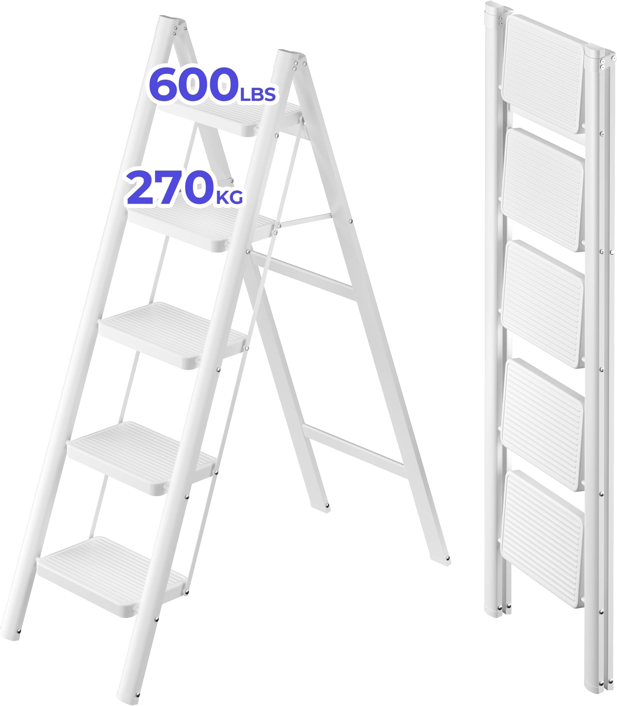 JOISCOPE5-Step Folding Ladder - 270 KG Load Capacity, Anti-Slip Wide Treads, Portable & Multifunctional for Indoor/Outdoor, White