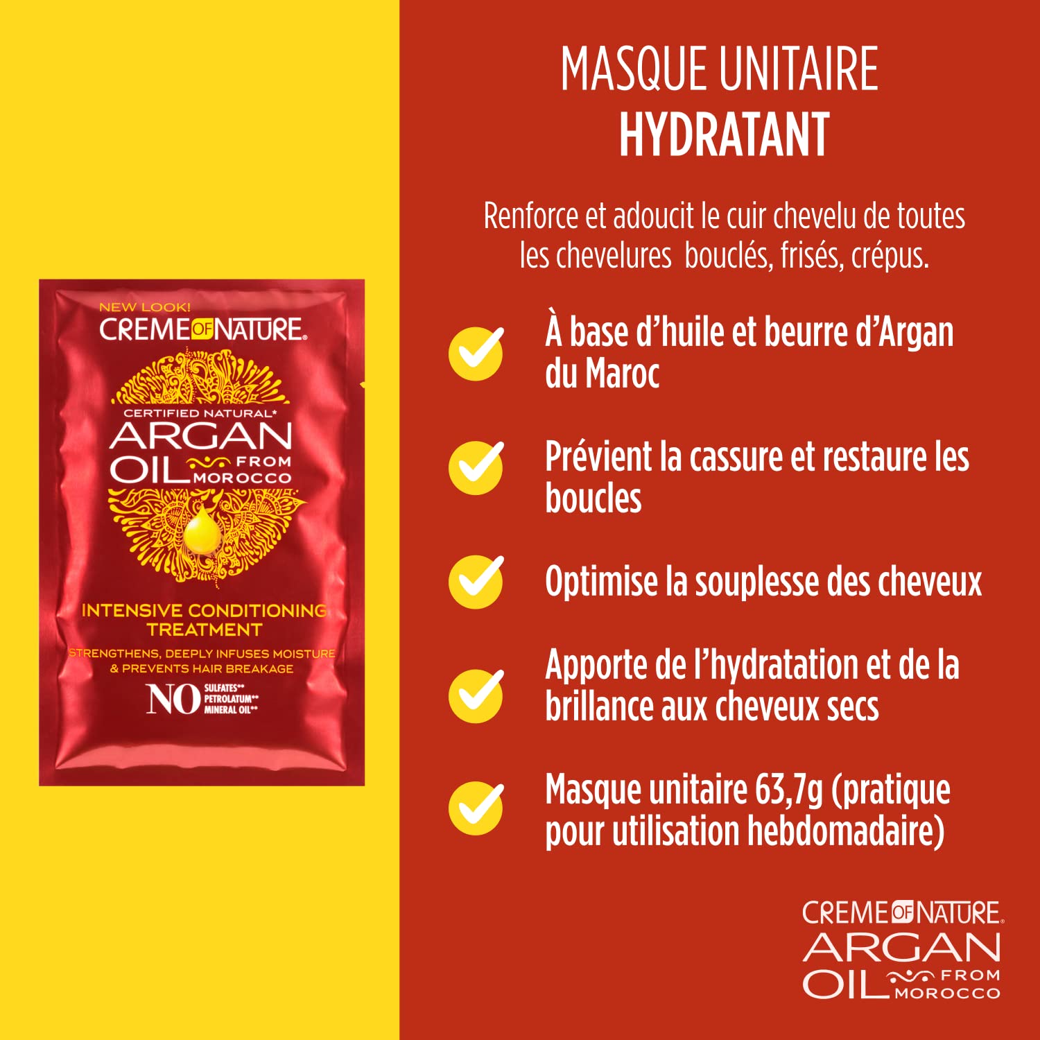 Creme of Nature, Argan Moisturizing Mask with Moroccan Argan Oil, Moisturising and Creamy Formula, Curly Hair, Frizzy Hair, Sulphate-Free, Pouch (63.7 g) - Image 2